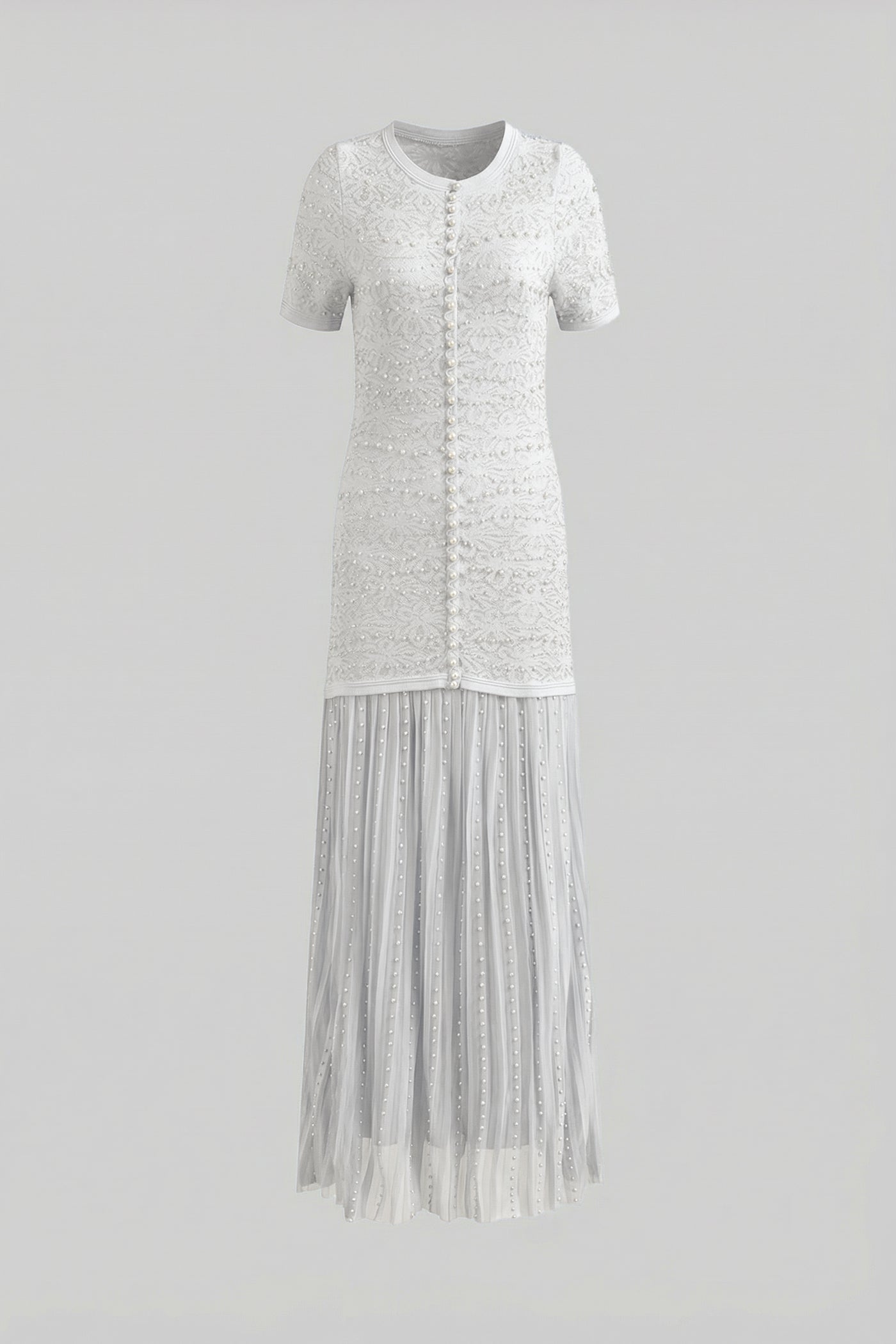 Rochie midi cu mâneci scurte și aplicații de perle - Alb