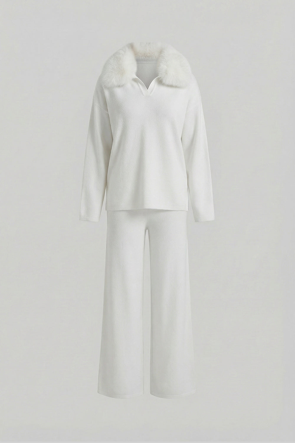 Set Lounge Tricotat Co-Ord cu Guler din Blană de Vulpe – Alb