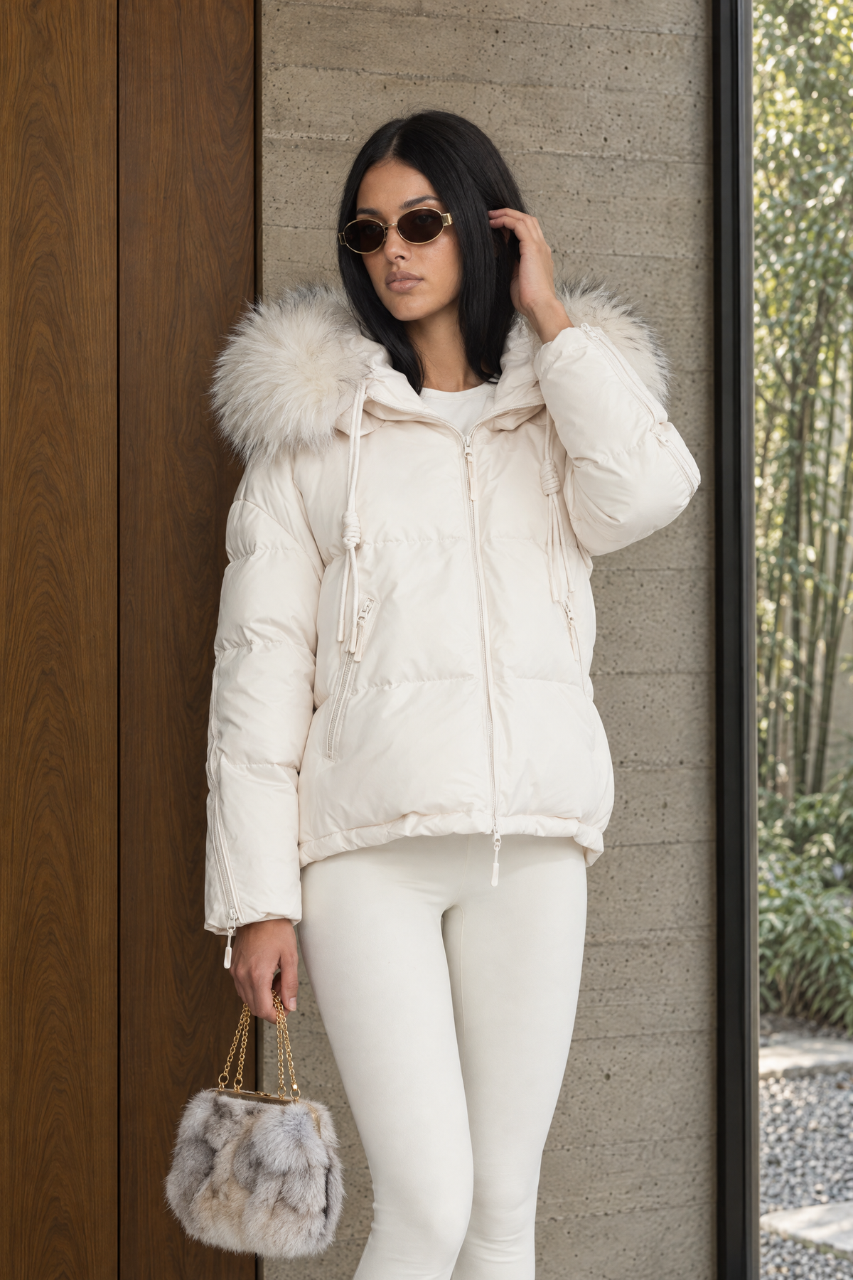 Raccoon Fur Hood Cropped Down Puffer Jacket - Ivoire