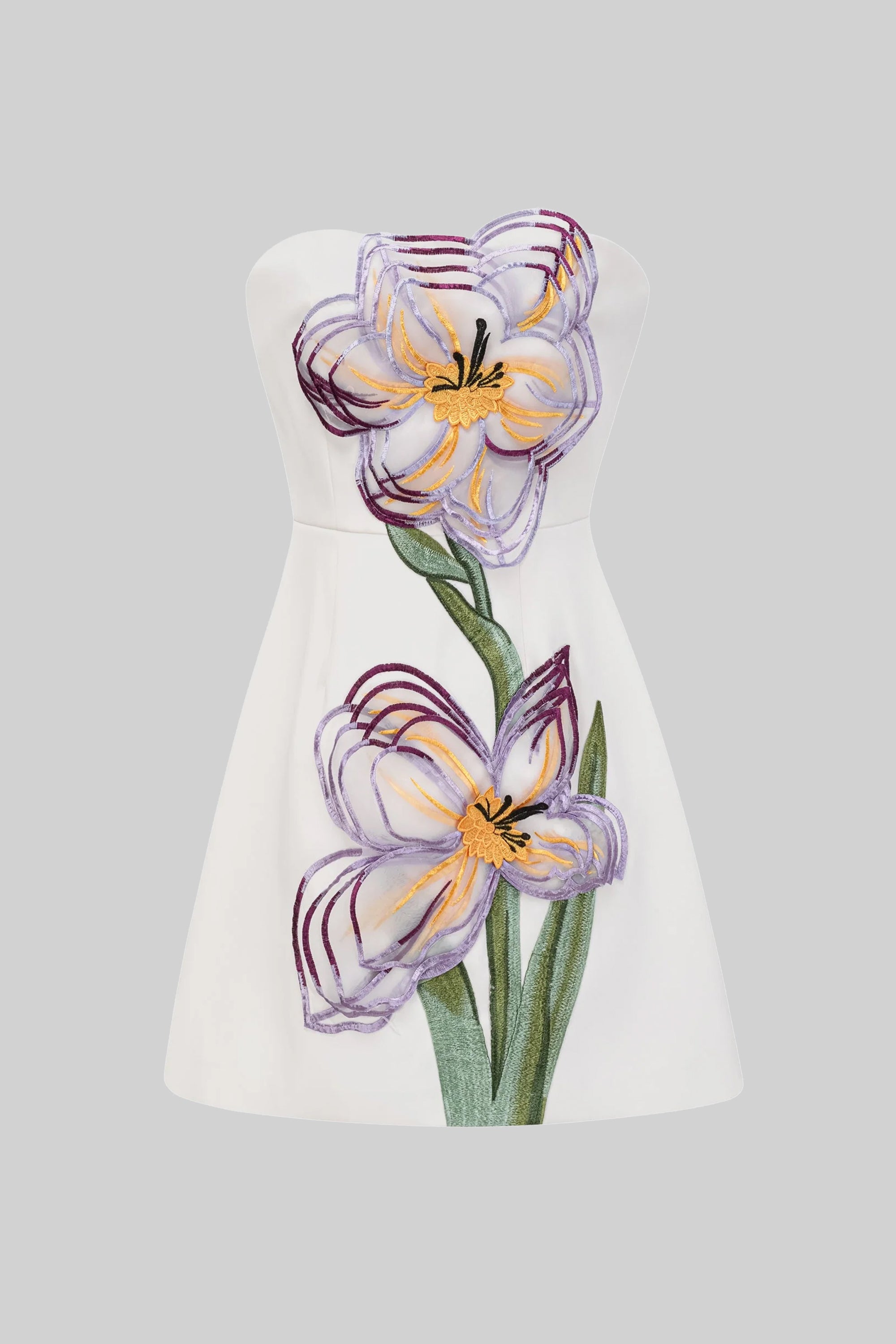 Rochie mini fără bretele cu aplicație florală 3D Iris - Alb