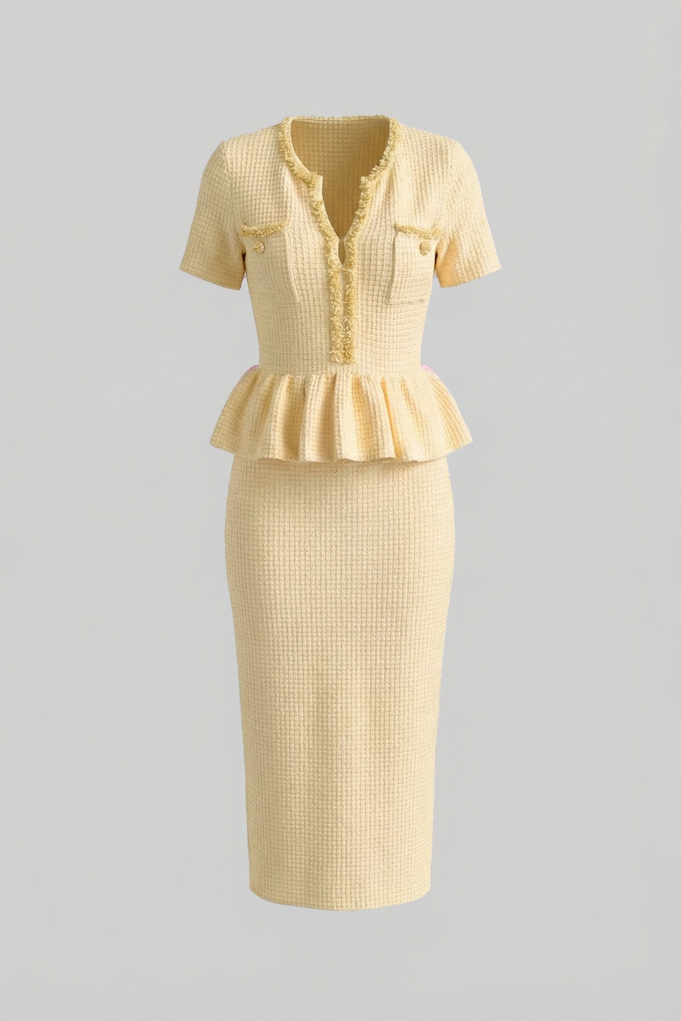 Textured Knit Midi Dress with Peplum Waist Detail – Yellow