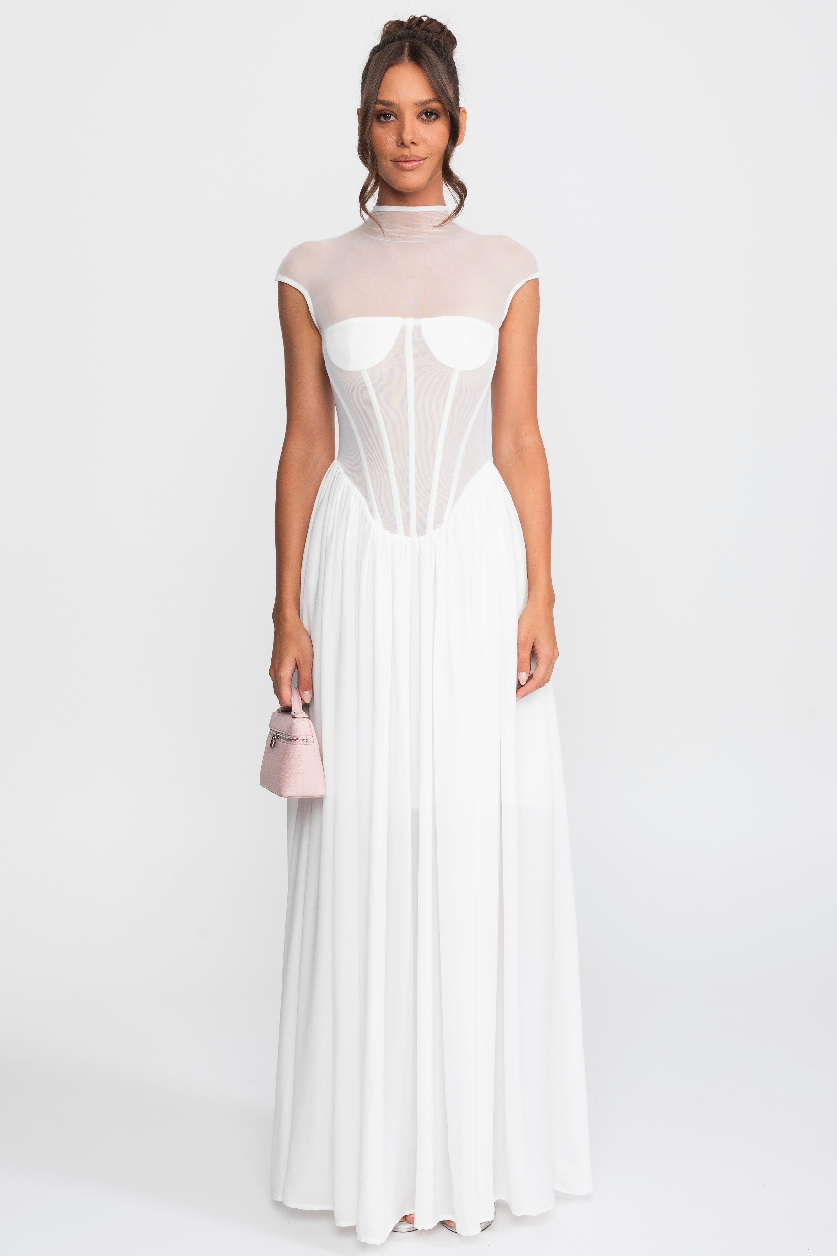 Rochie maxi transparentă cu corset și mâneci scurte - alb 