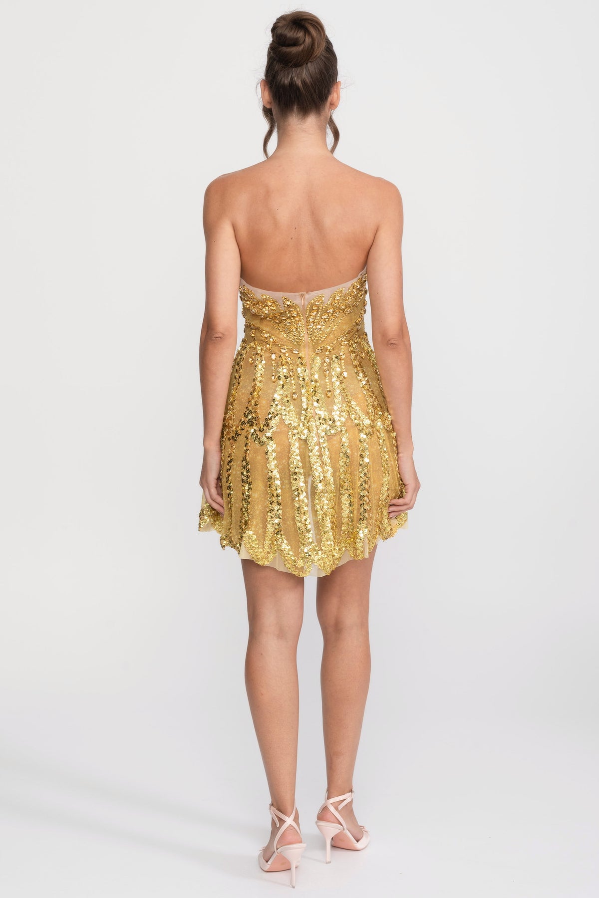 Jeweled Fit-and-Flare Mini Dress With Sweetheart Neckline  - Gold
