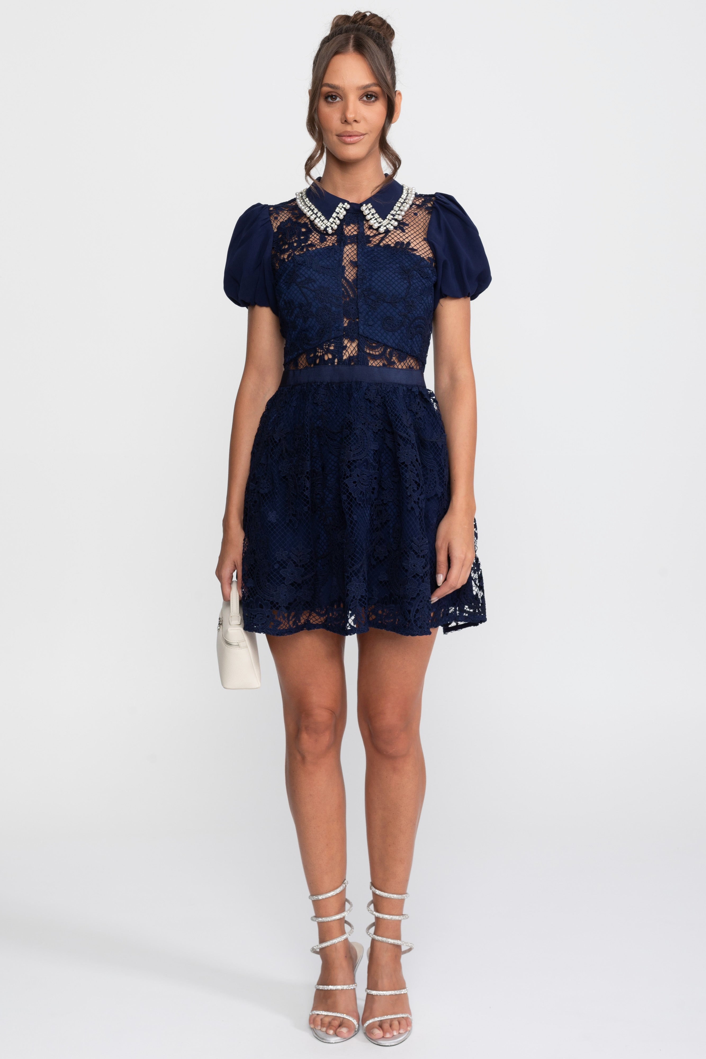 Rochie mini din dantelă cu mâneci bufante și guler cu perle - Navy 