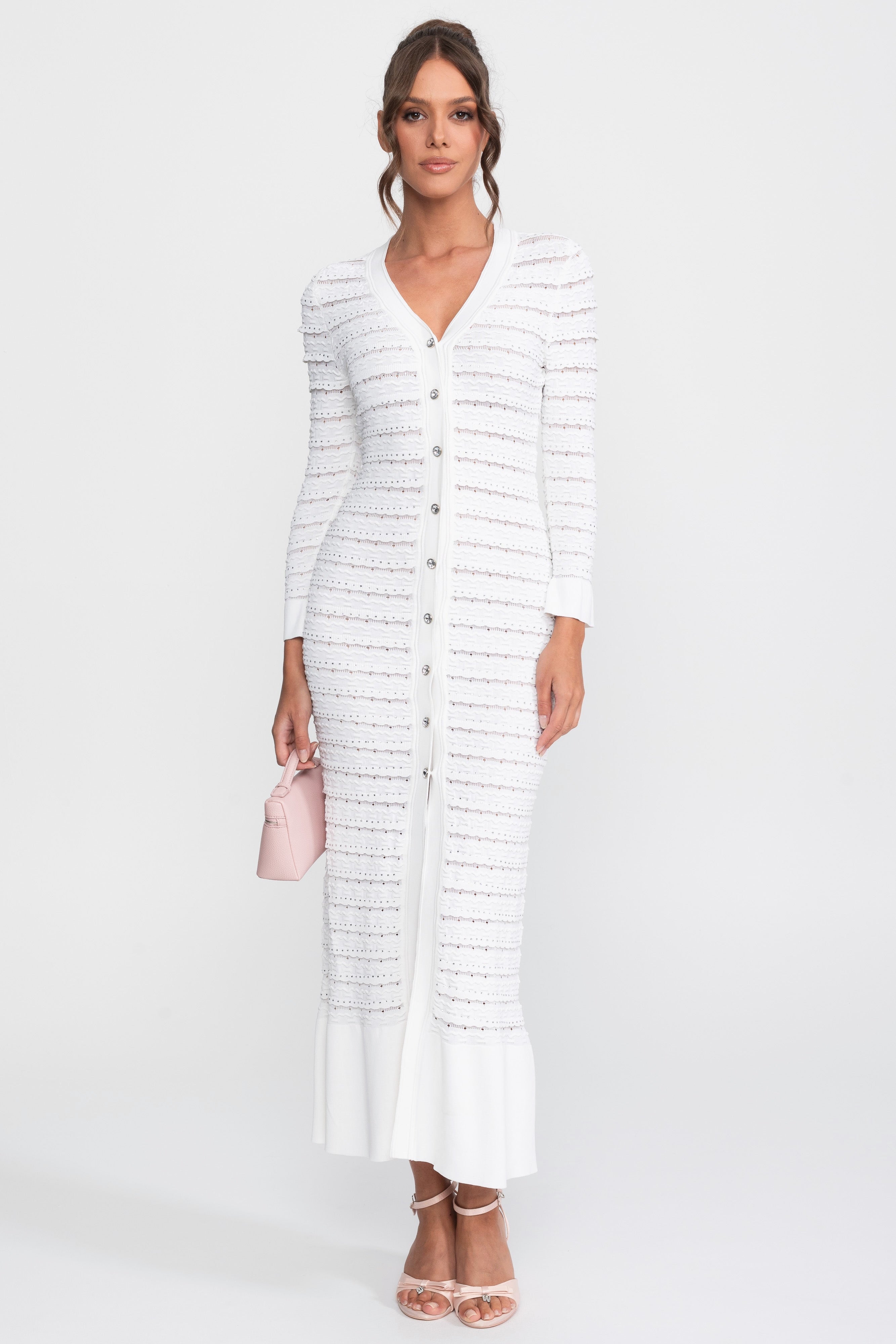 Textured Knit Maxi Cardigan Dress With Crystal Button - White