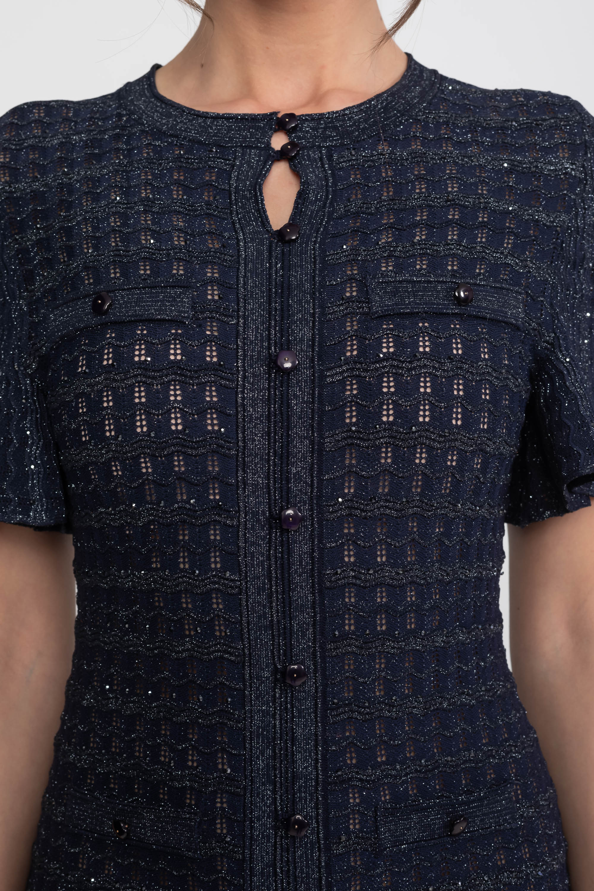Rochie midi cu mâneci scurte, textură tricotată cu sclipiri - Navy 