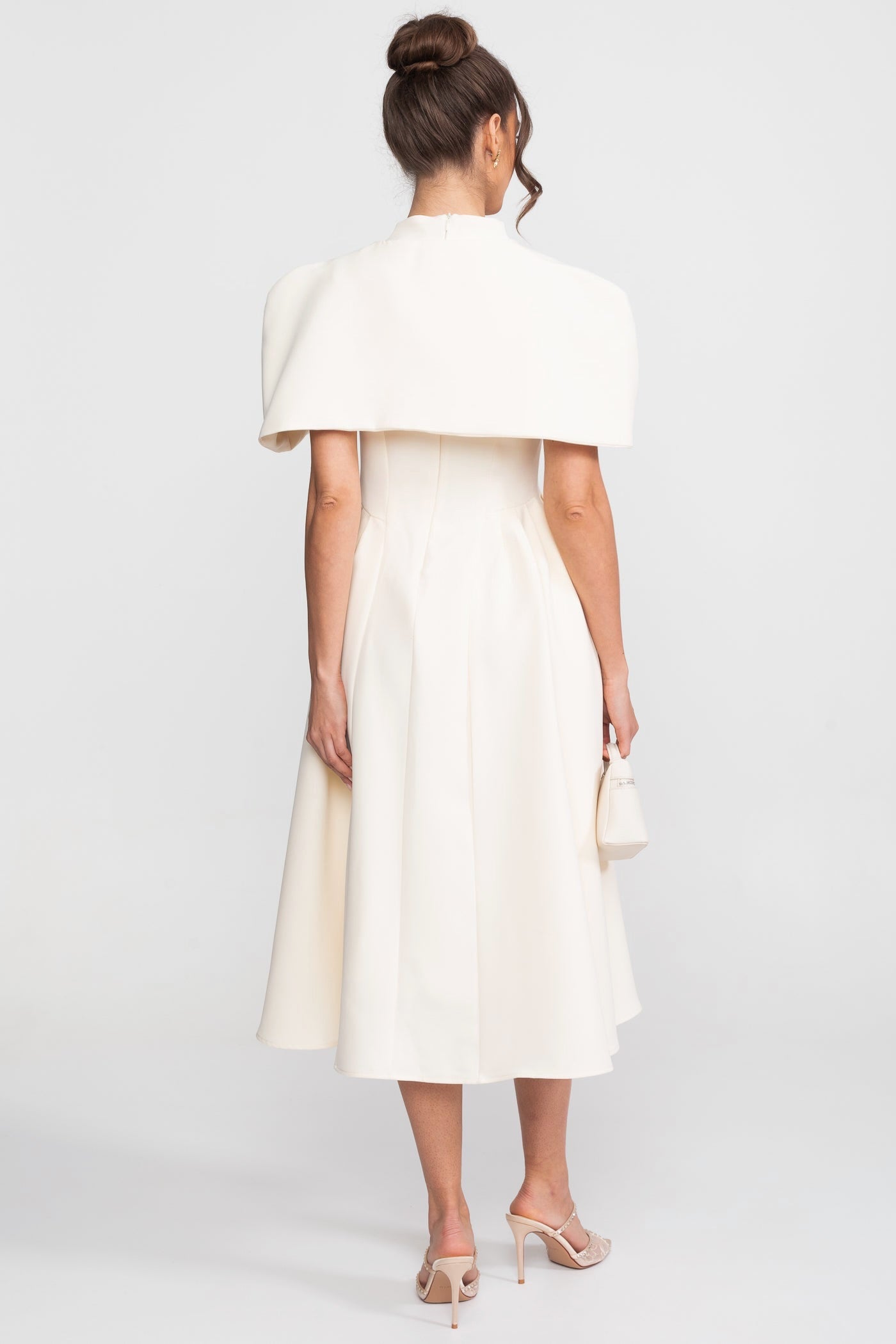 A-Line Midi Dress With Structured Cape Shoulders - Cream