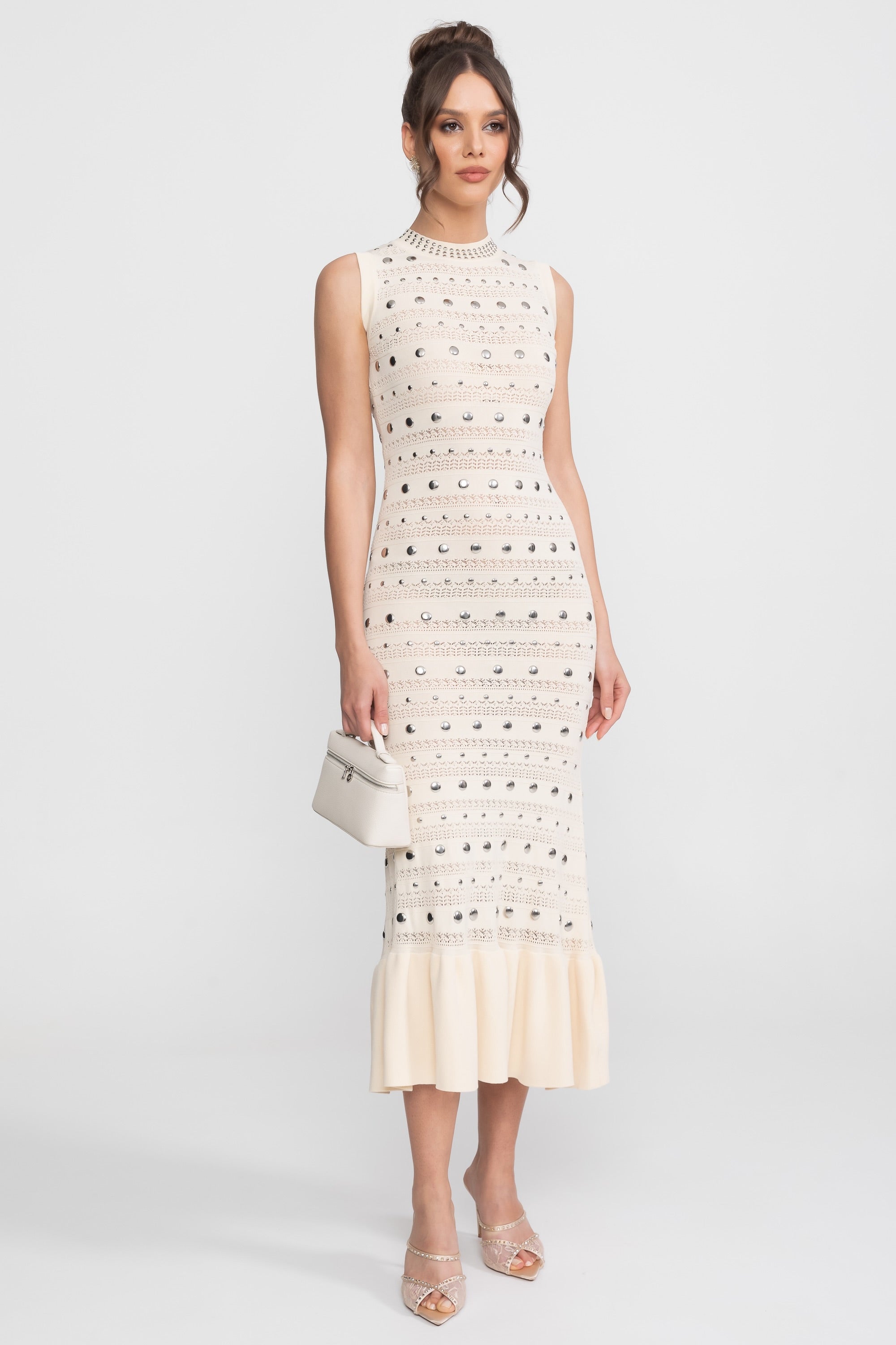 Embellished Knit Midi Dress With High Neck And Ruffle Hem - Cream