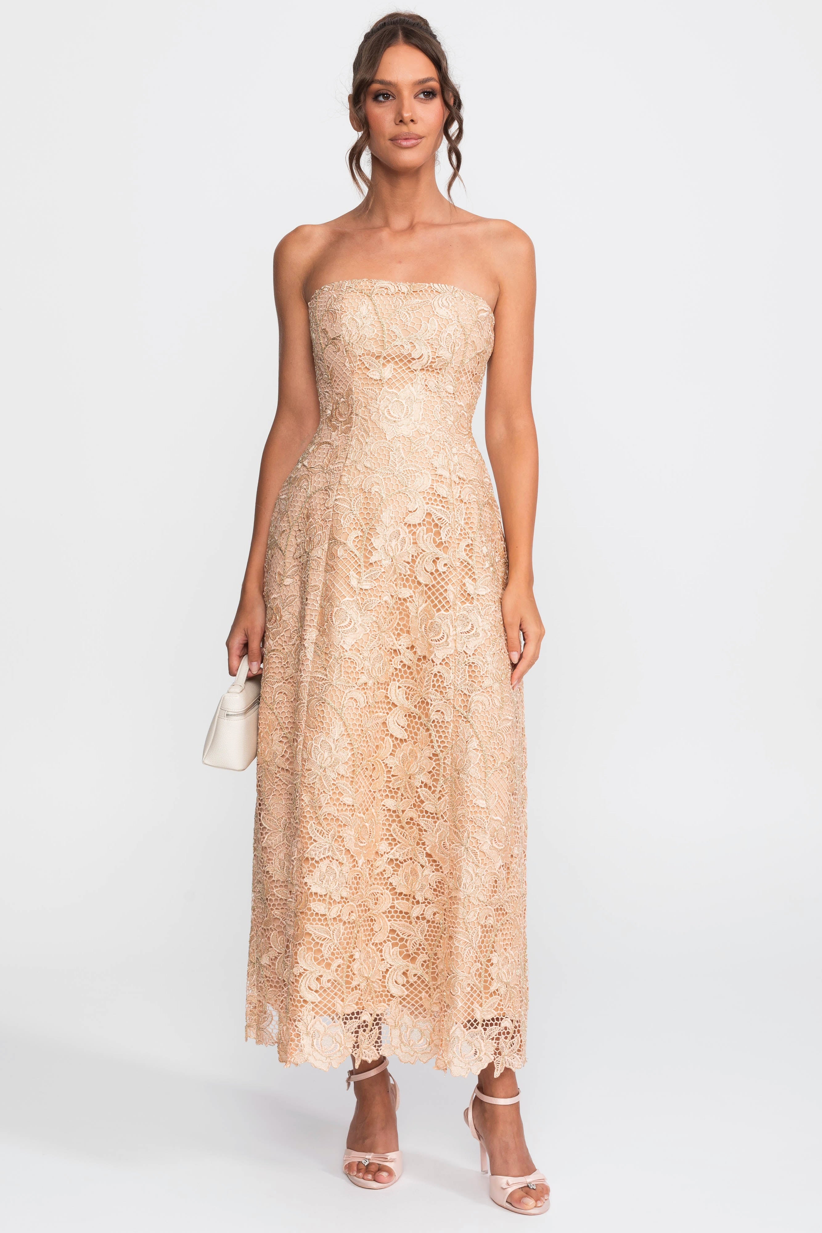 Rochie de gală cu dantelă florală, fără bretele, cu fustă amplă în linie A - Gold 