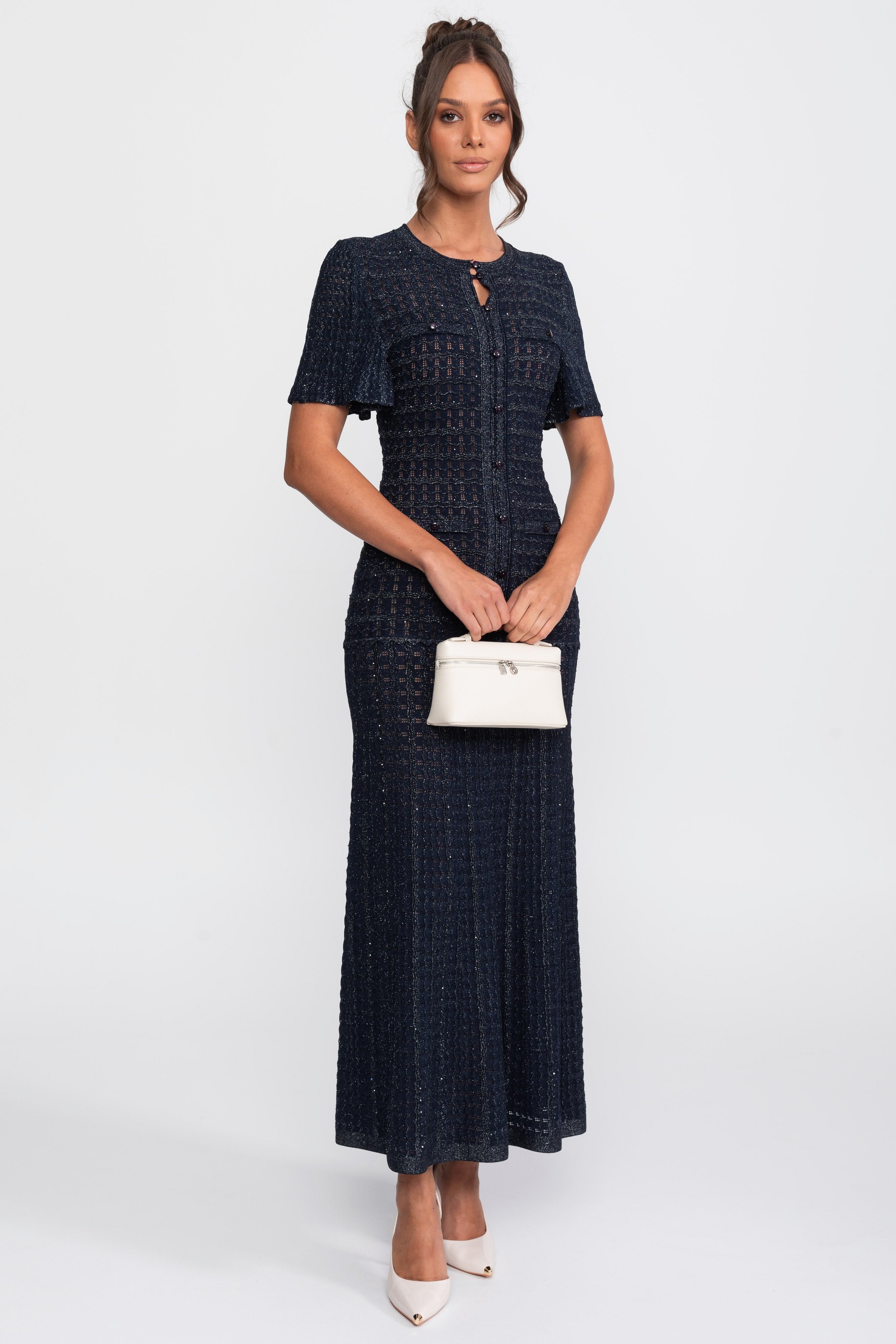 Rochie midi cu mâneci scurte, textură tricotată cu sclipiri - Navy 