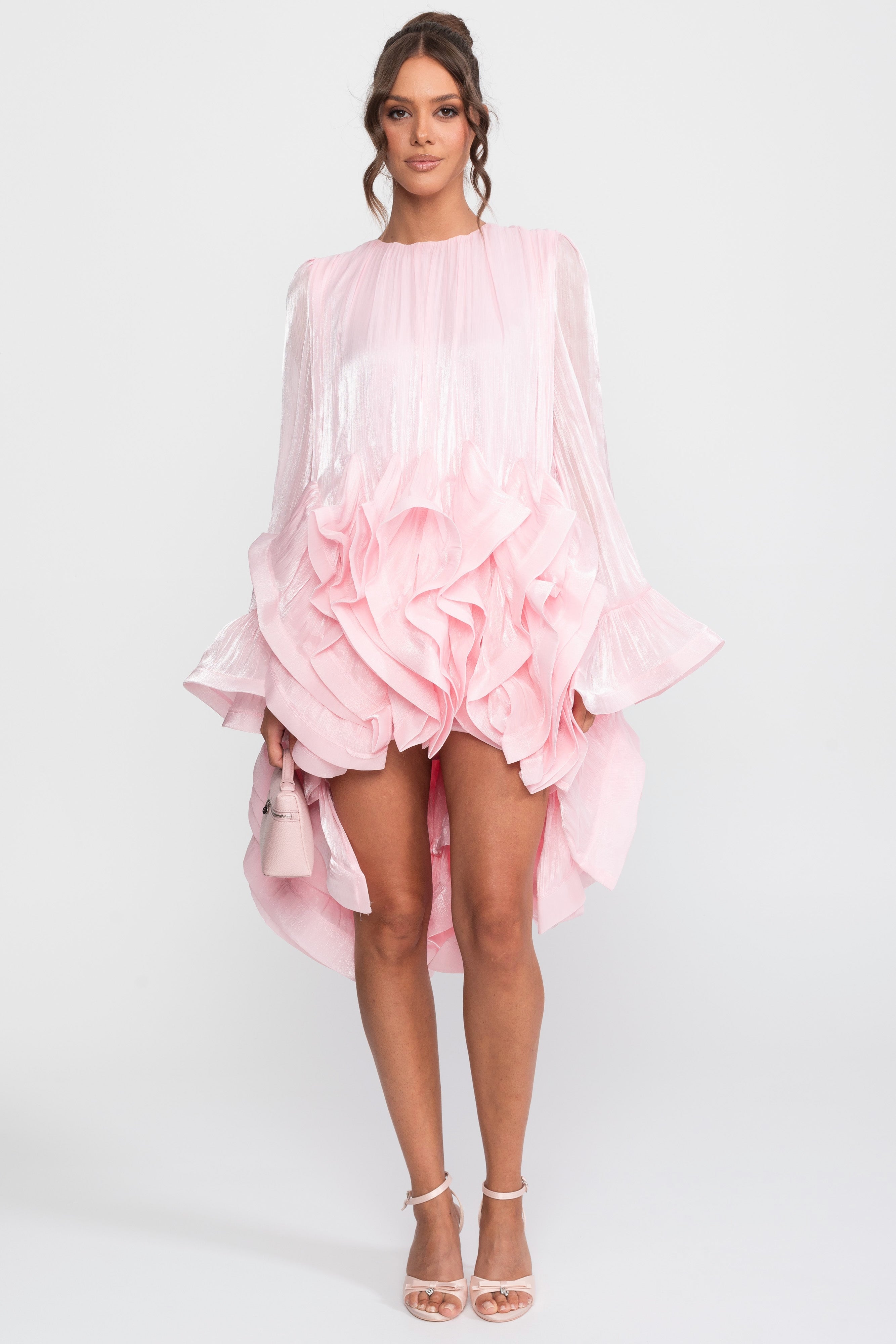 Rochie mini cu tiv asimetric cu volane și finisaj satinat - Pink 