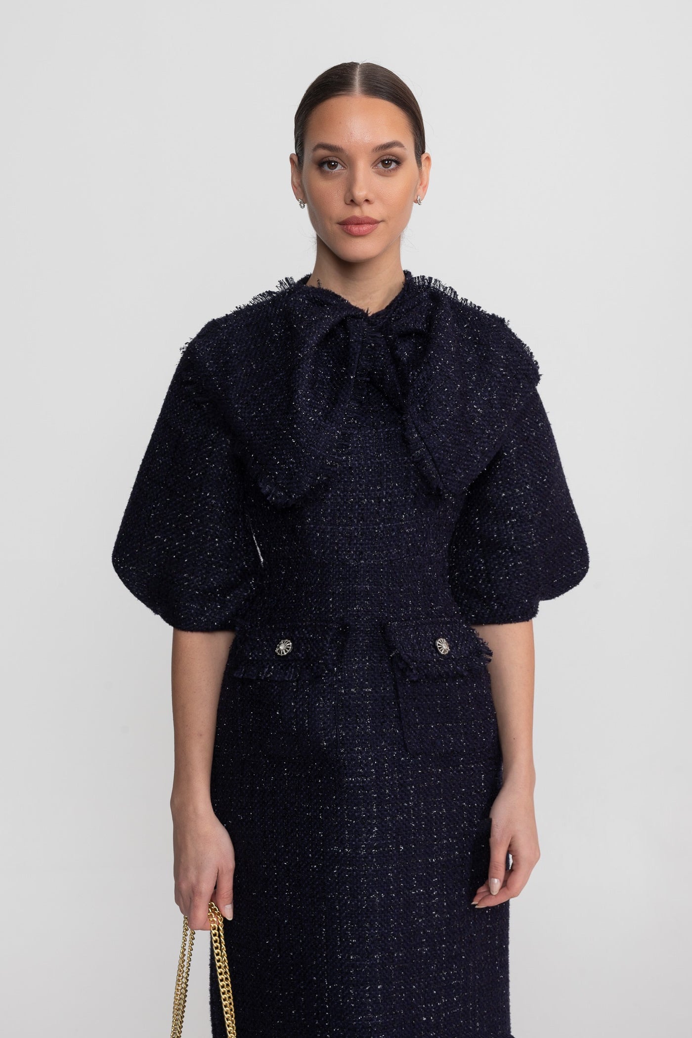 Tweed Midi Dress With Oversized Bow Neck Detail - Navy