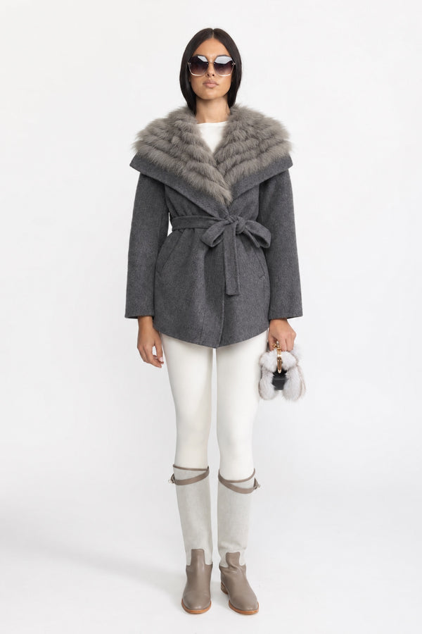 Palton din lână cu guler supradimensionat din blană și curea - Gri 