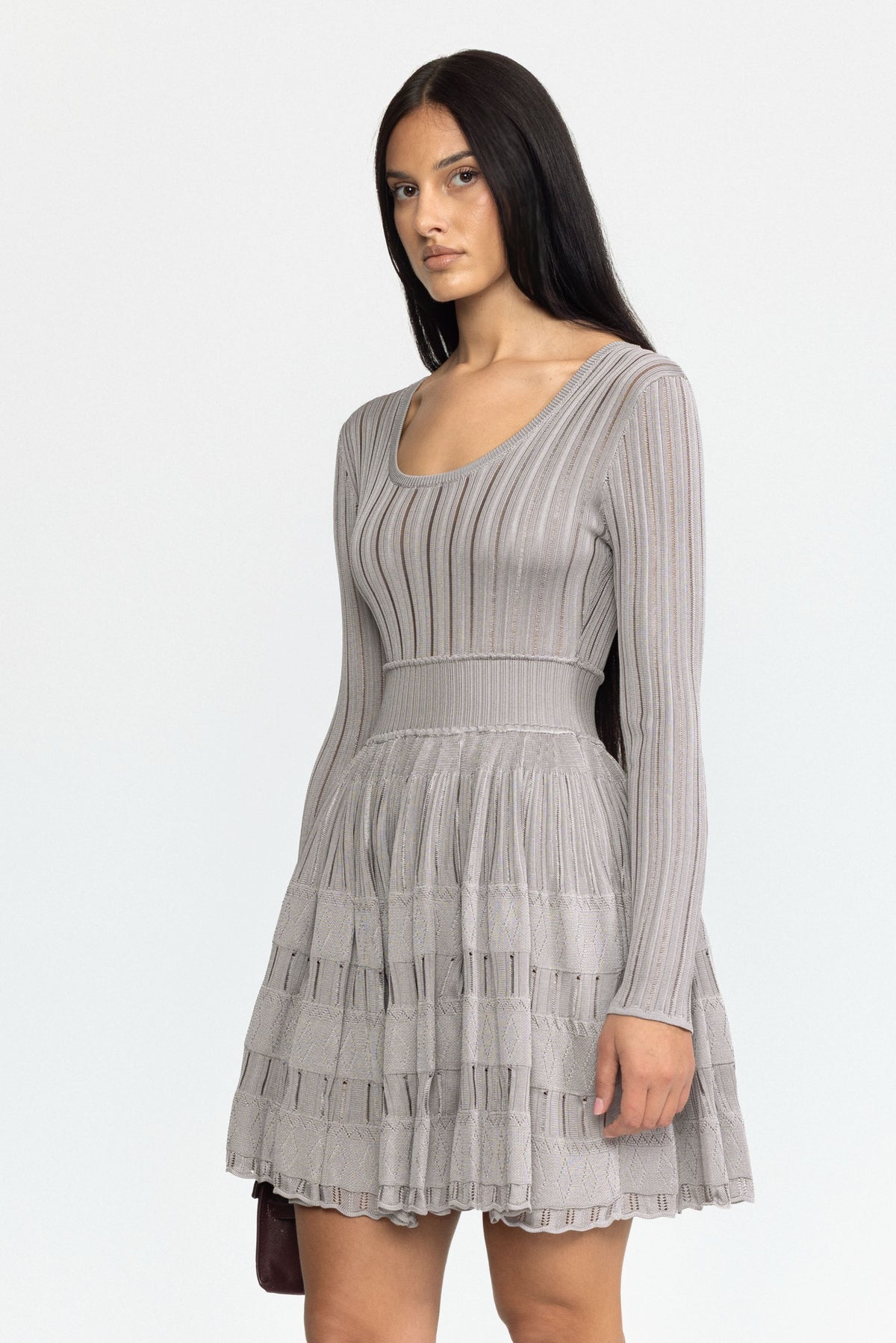 Rochie mini tip skater din tricot ladder, cu decolteu scoop - gri 