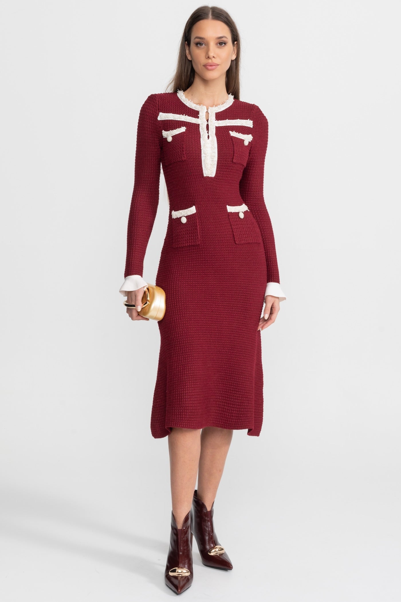 Textured Midi Dress with Contrast Embroidered Trim – Burgundy