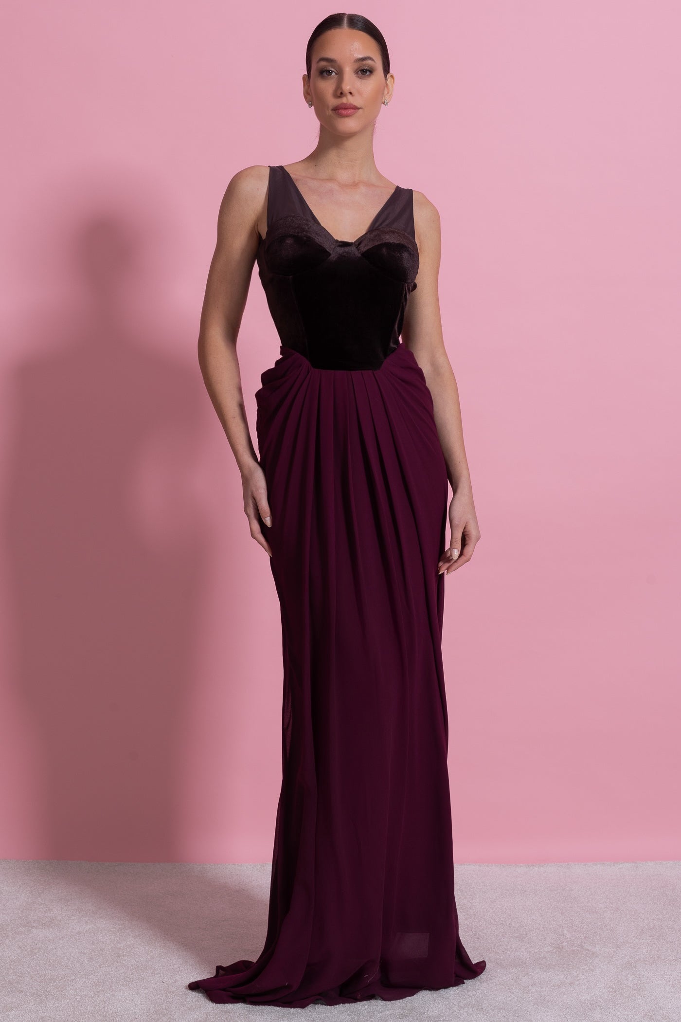 Rochie Maxi cu Corset din Catifea și Fustă Fluidă - Burgundy 