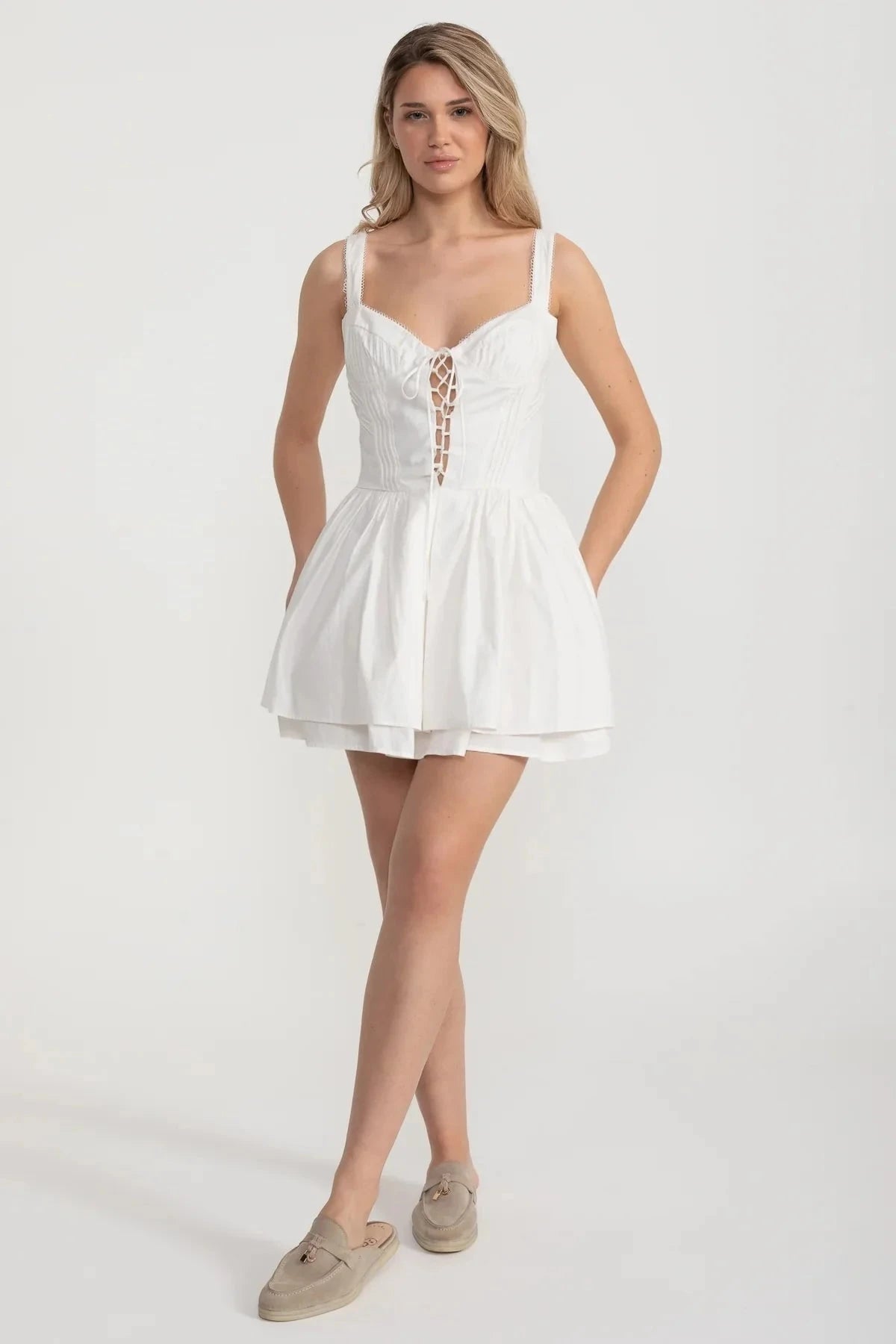 Corset Style Sleeveless Dress With Lace-Up Front Detailing - White