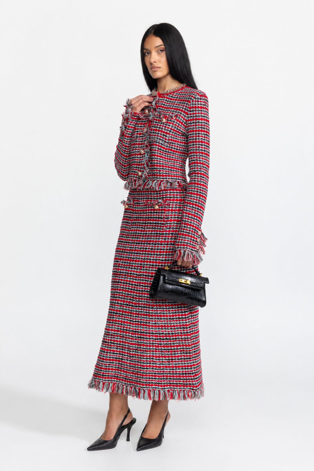 Set coordonat din jachetă din tweed cu franjuri și fustă midi - roșu multicolor 