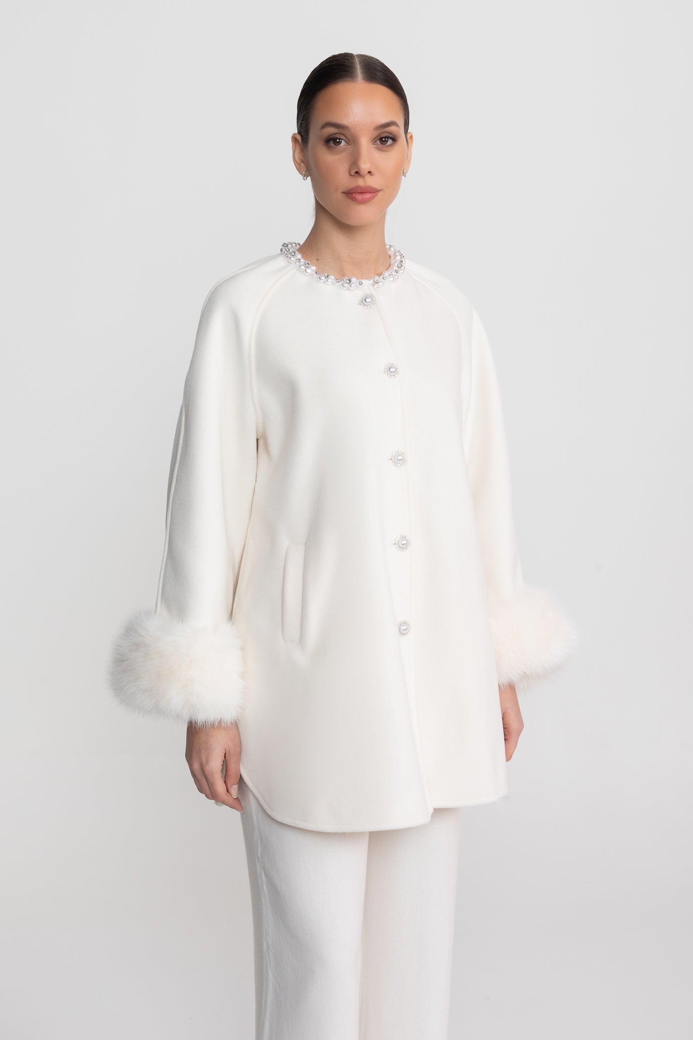 Longline Coat With Pearl Embellished Neckline And Fur Cuffs - White