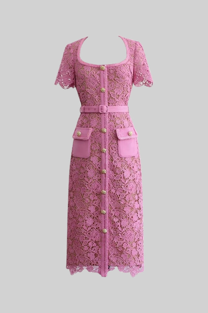 Rochie midi excepțională din dantelă cu mâneci scurte - Rose 