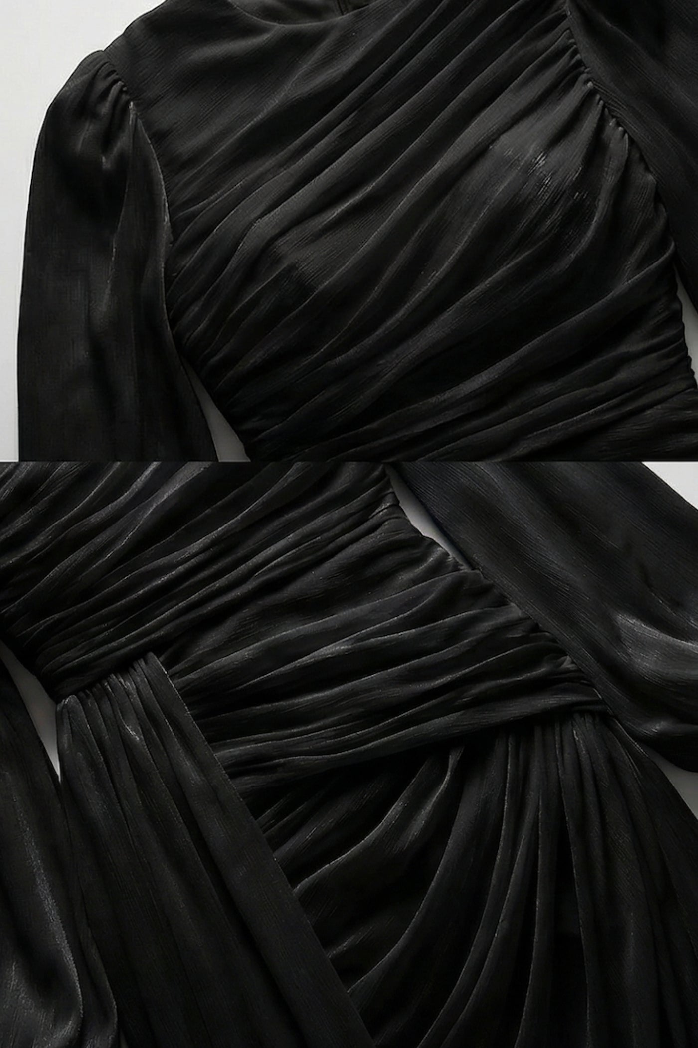 Draped Long-Sleeve Maxi Dress with Gathered Waist – Black