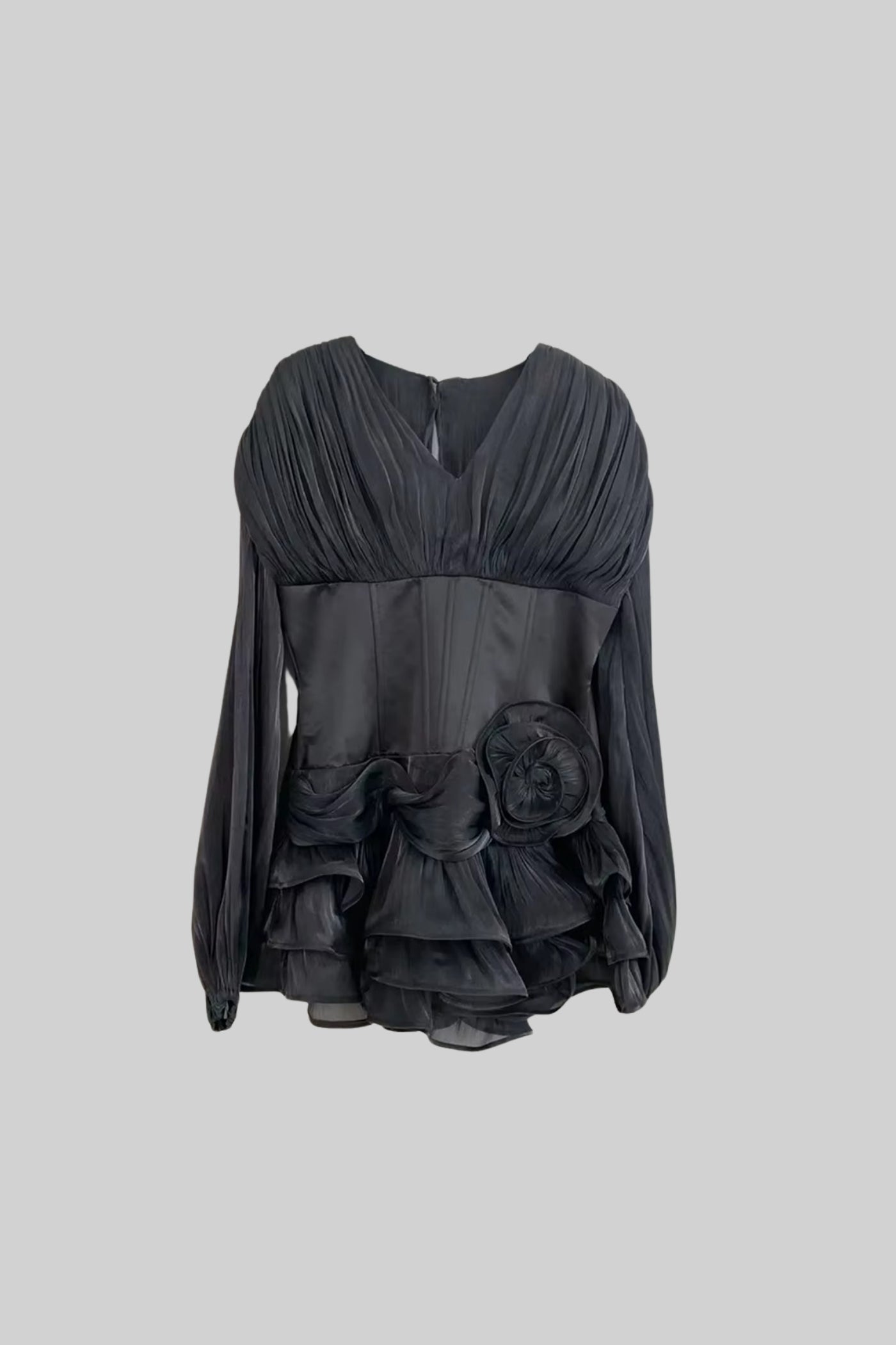 Elegant Dress With Corset-Style Bodice, Layered Ruffle Hem And Puffed Sleeves - Black