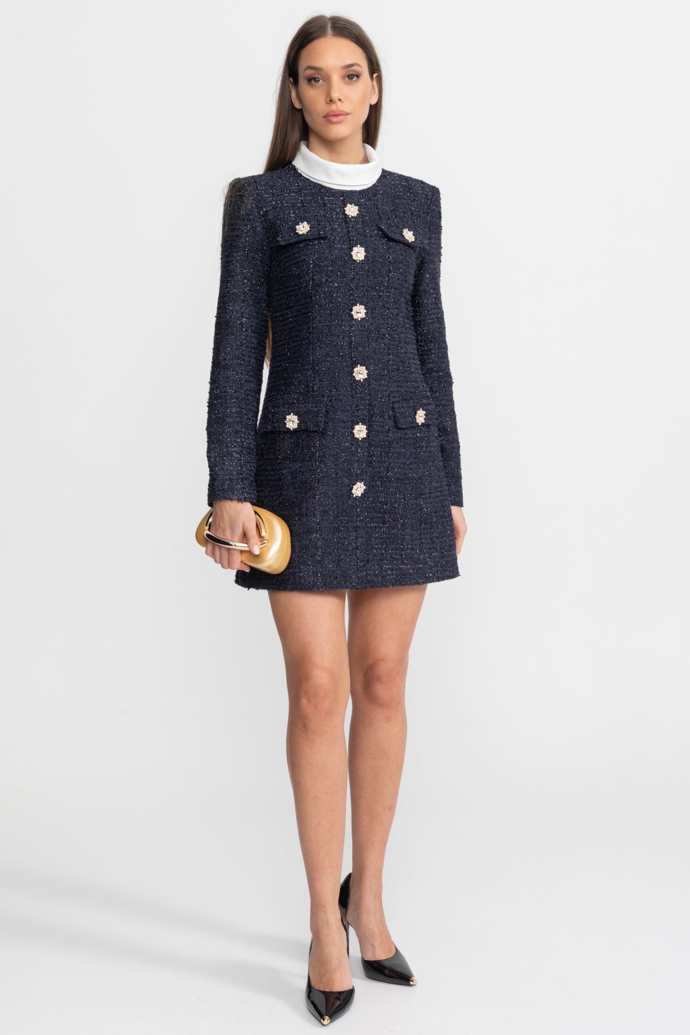 Textured Tweed Mini Dress with Crystal Button Embellishments – Navy