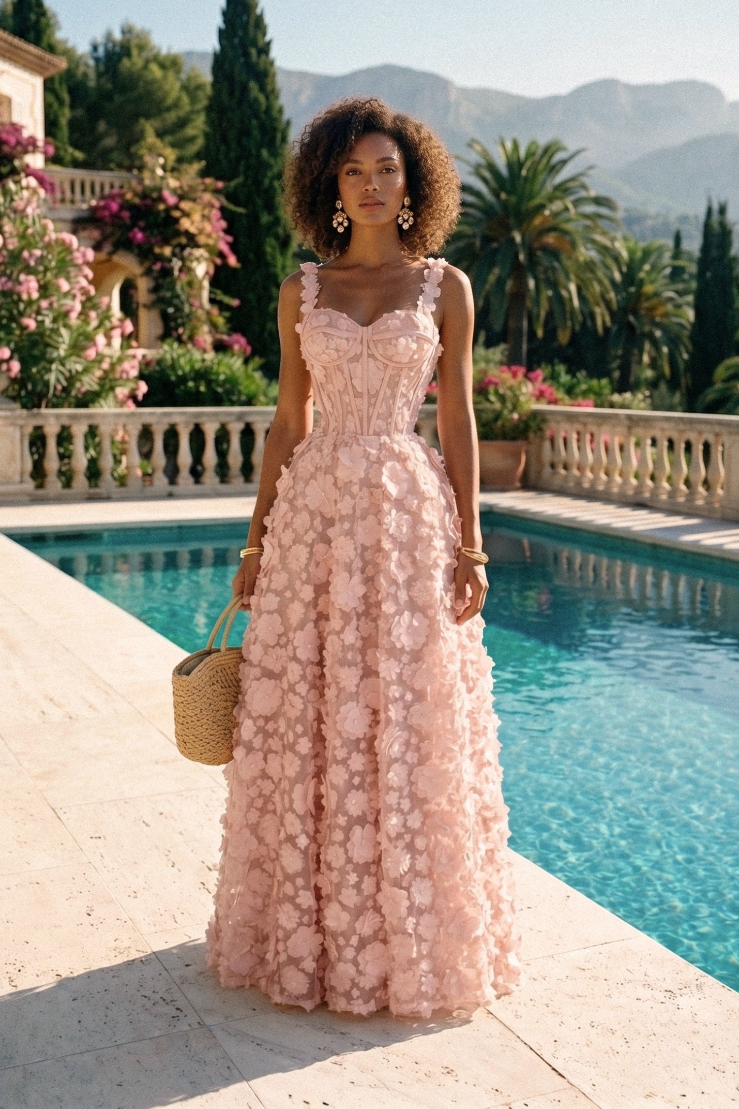 Floral Appliqué Maxi Dress With Corset Bodice - Pink