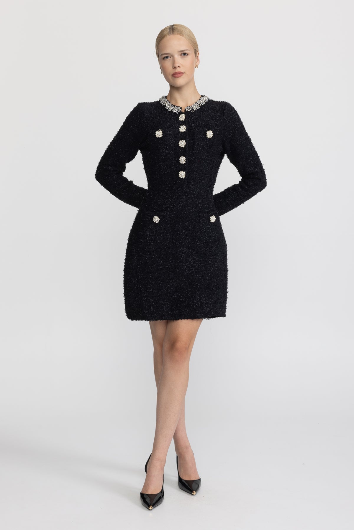Rochie mini din tricot bouclé cu aplicații de cristale - negru 