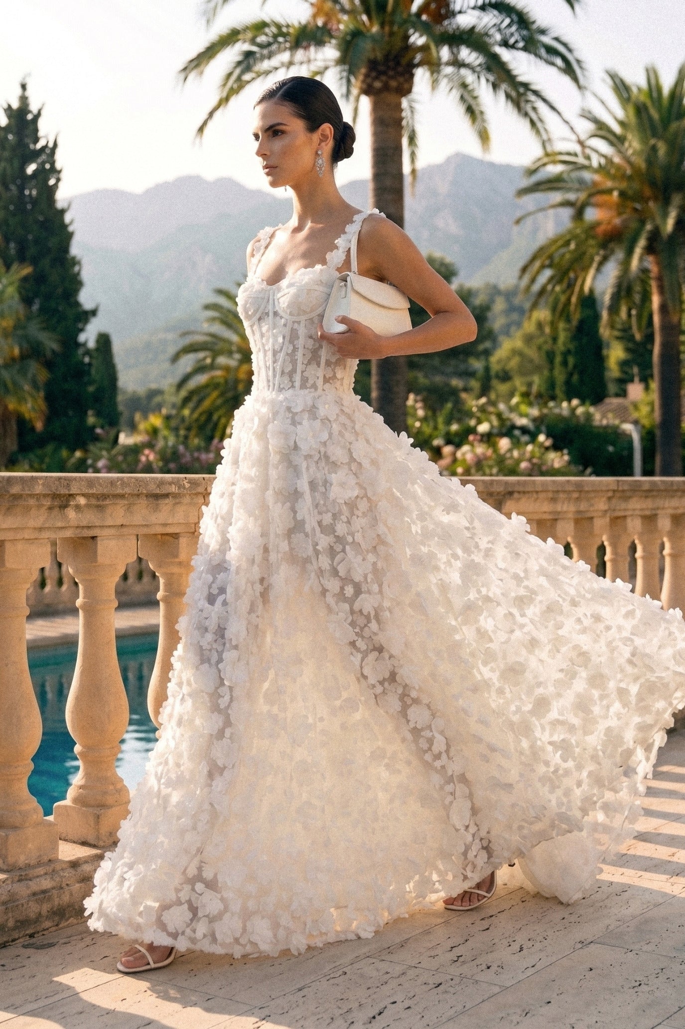 Floral Appliqué Maxi Dress With Corset Bodice - White