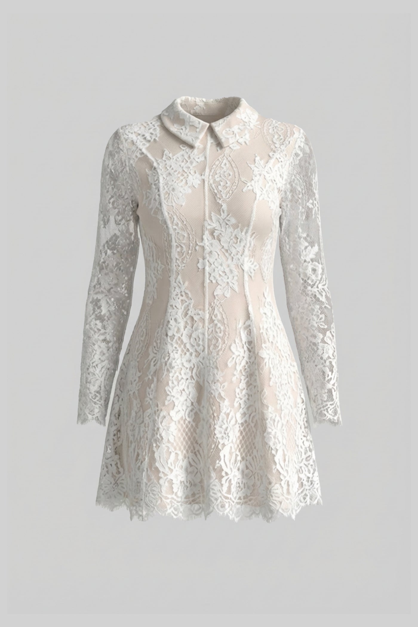 Long Sleeve Lace Mini Dress With Collared Neckline With Sheer Overlay - Ivoire