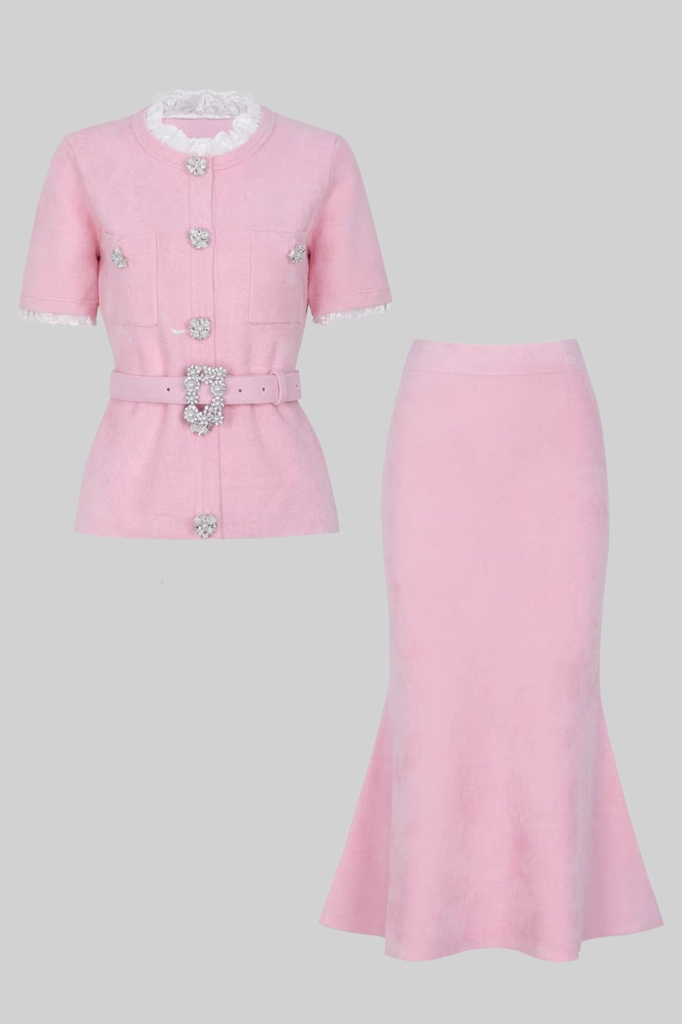 Set cu mânecă scurtă, talie peplum și curea cu nasturi din cristale - Blush Pink 