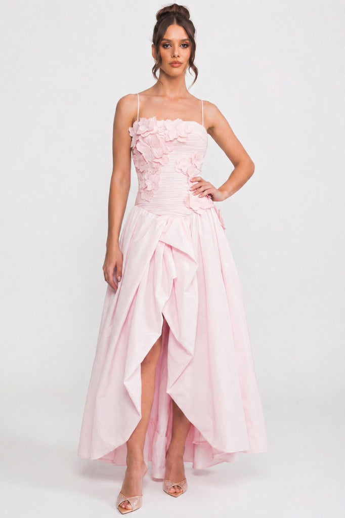 Rochie tip ballgown fără bretele, cu corsaj floral 3D și fustă amplă - Pink 