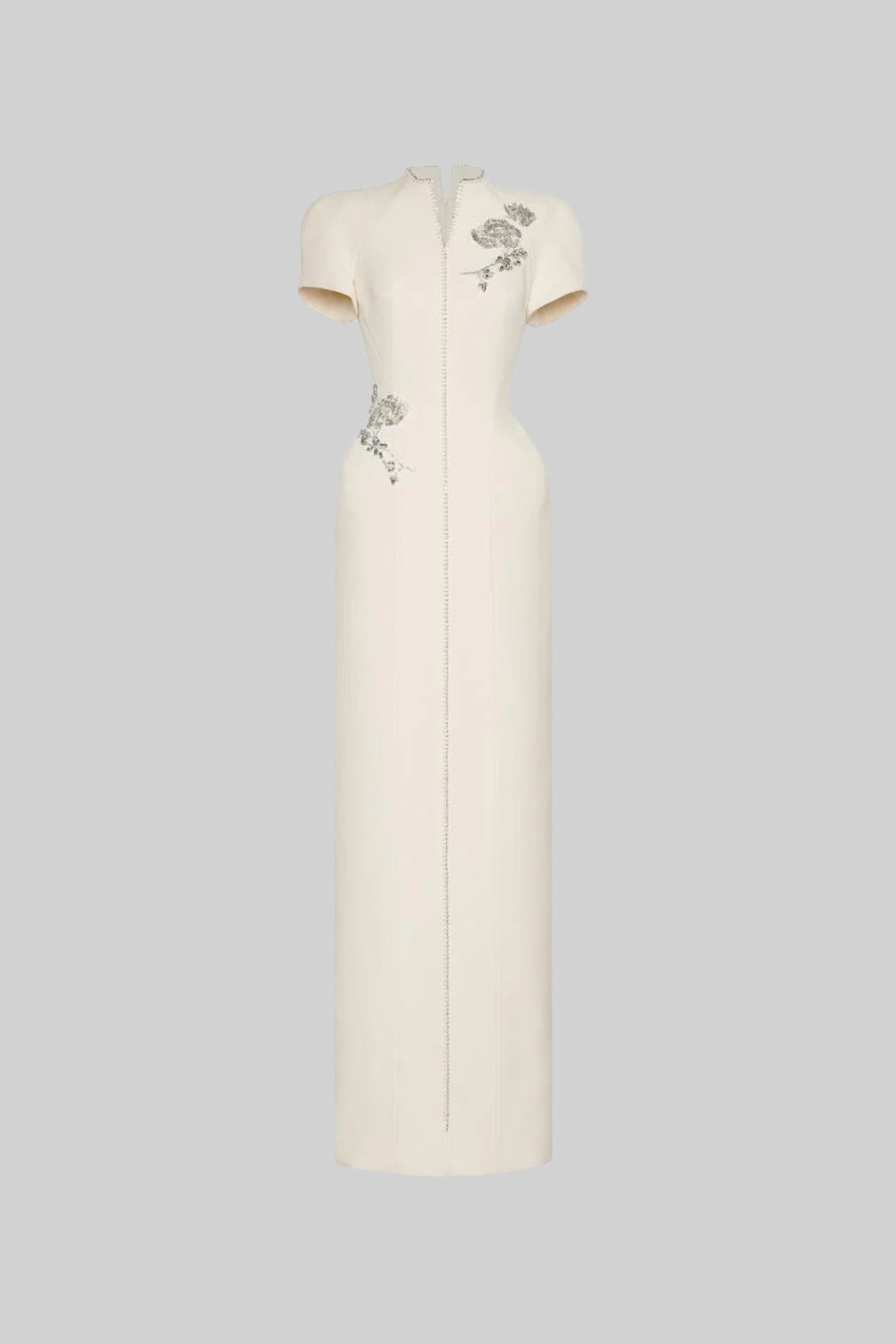 Rochie midi cu mâneci scurte, decolteu înalt cu despicătură și embellishments sclipitoare - Ivoire 