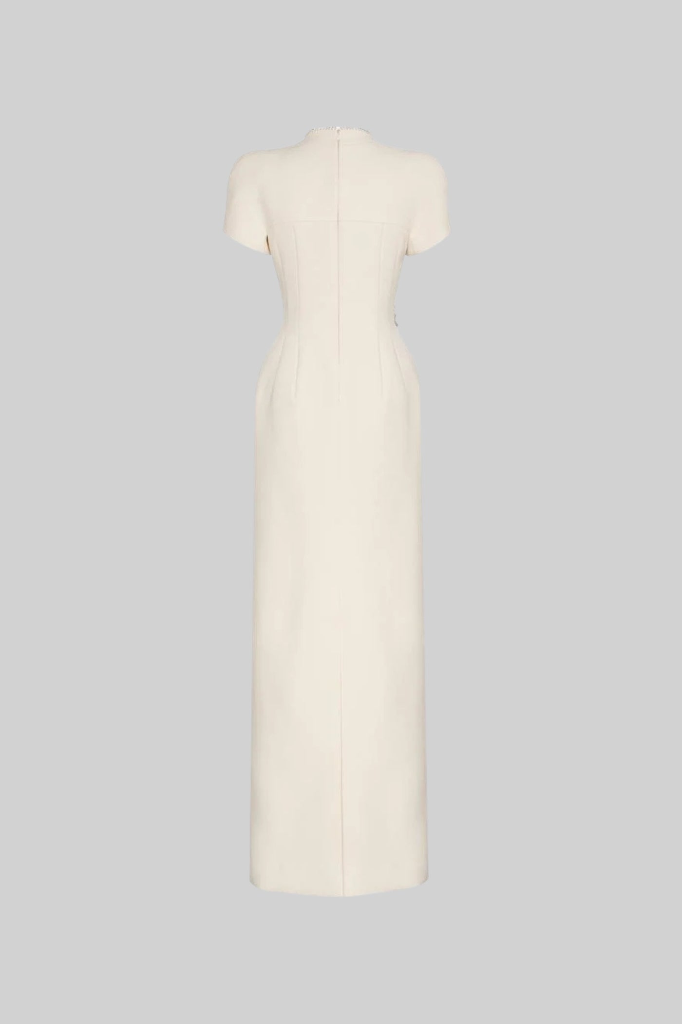 Rochie midi cu mâneci scurte, decolteu înalt cu despicătură și embellishments sclipitoare - Ivoire 