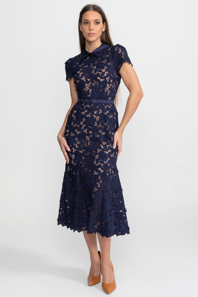Rochie Midi din Dantelă cu Talie cu Centură și Guler cu Rever – Navy 