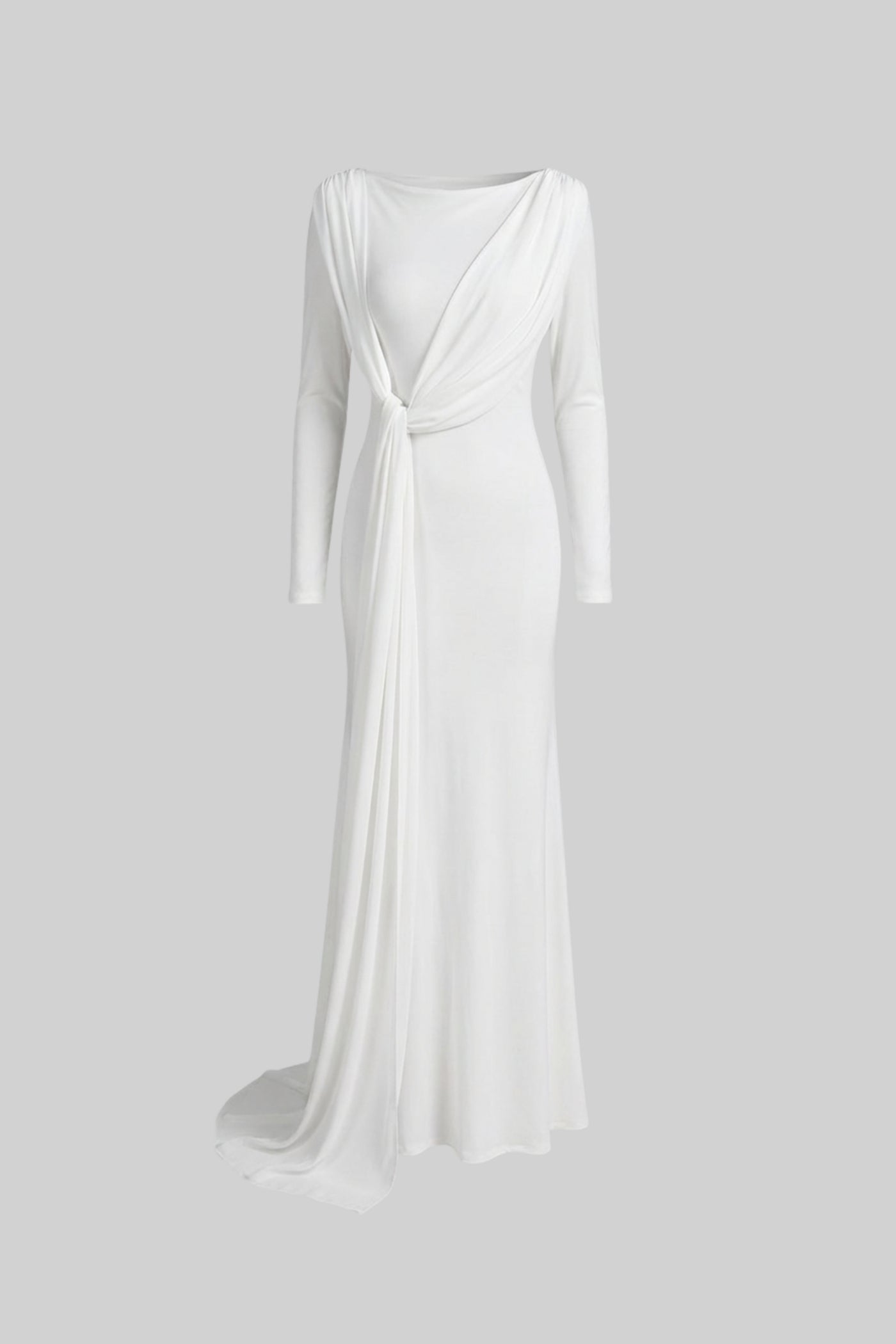 Draped Long Sleeve Maxi Dress With Cape Overlay With Knot Front Detail  - White