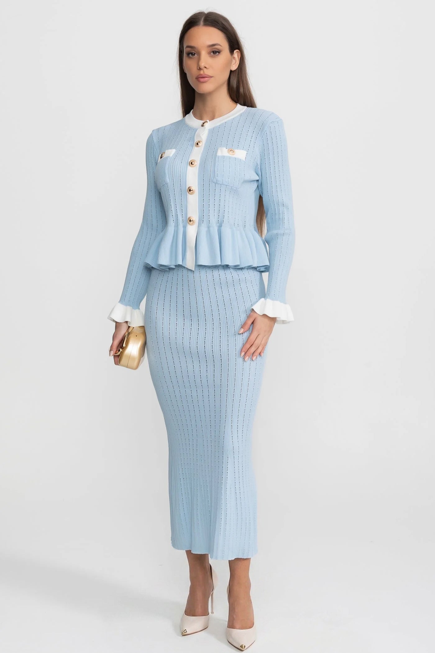 Set midi din tricot pointelle cu garnitură contrastantă – Baby Blue 