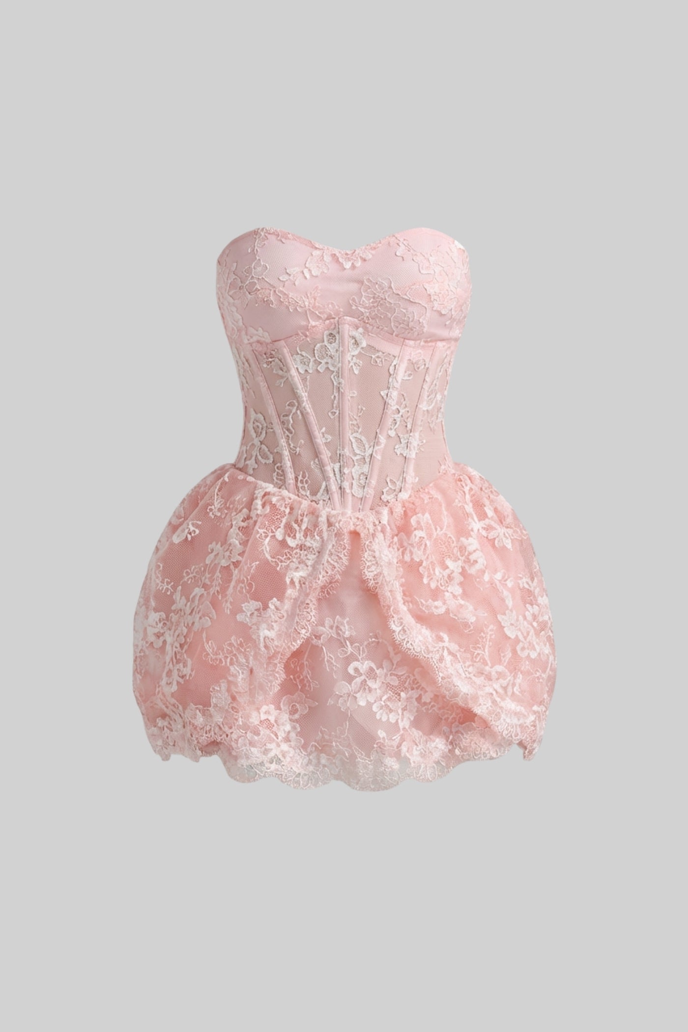 Strapless Lace Mini Dress With Corset Bodice And Bubble Hem Skirt - Blush Pink