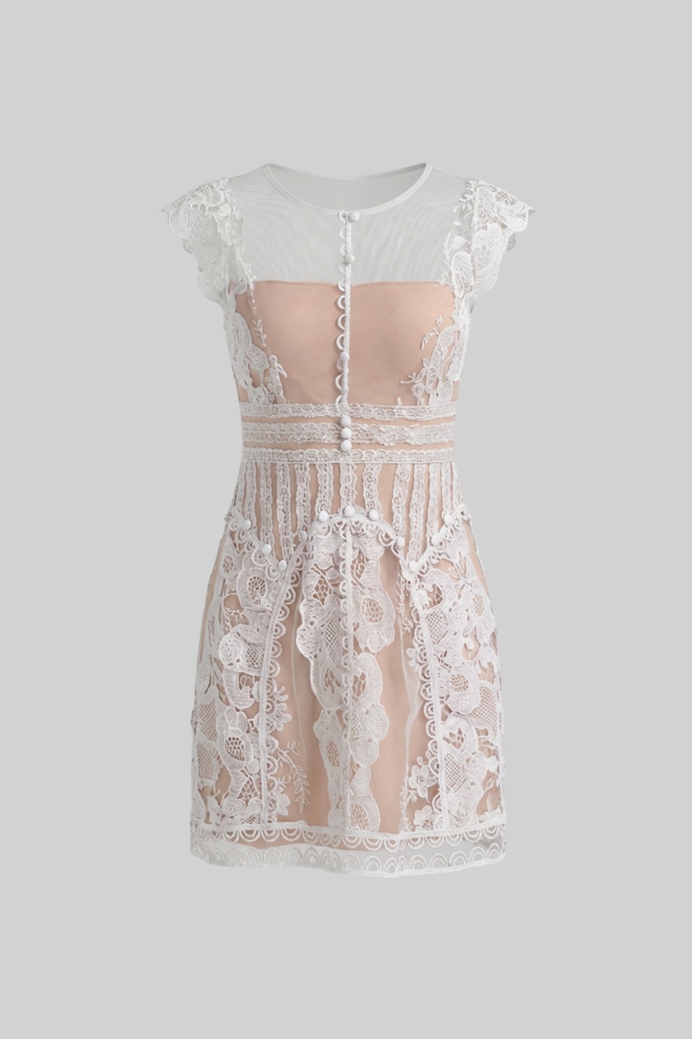 Rochie mini cu mâneci scurte, cu yoke transparent și detaliu cu nasturi de perlă - Ivoire 