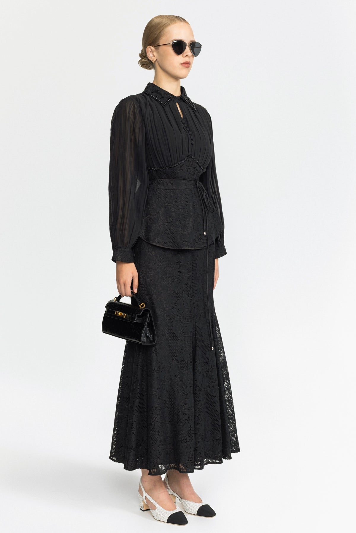 Set cu bluză peplum din șifon plisat și dantelă și fustă maxi - Negru 