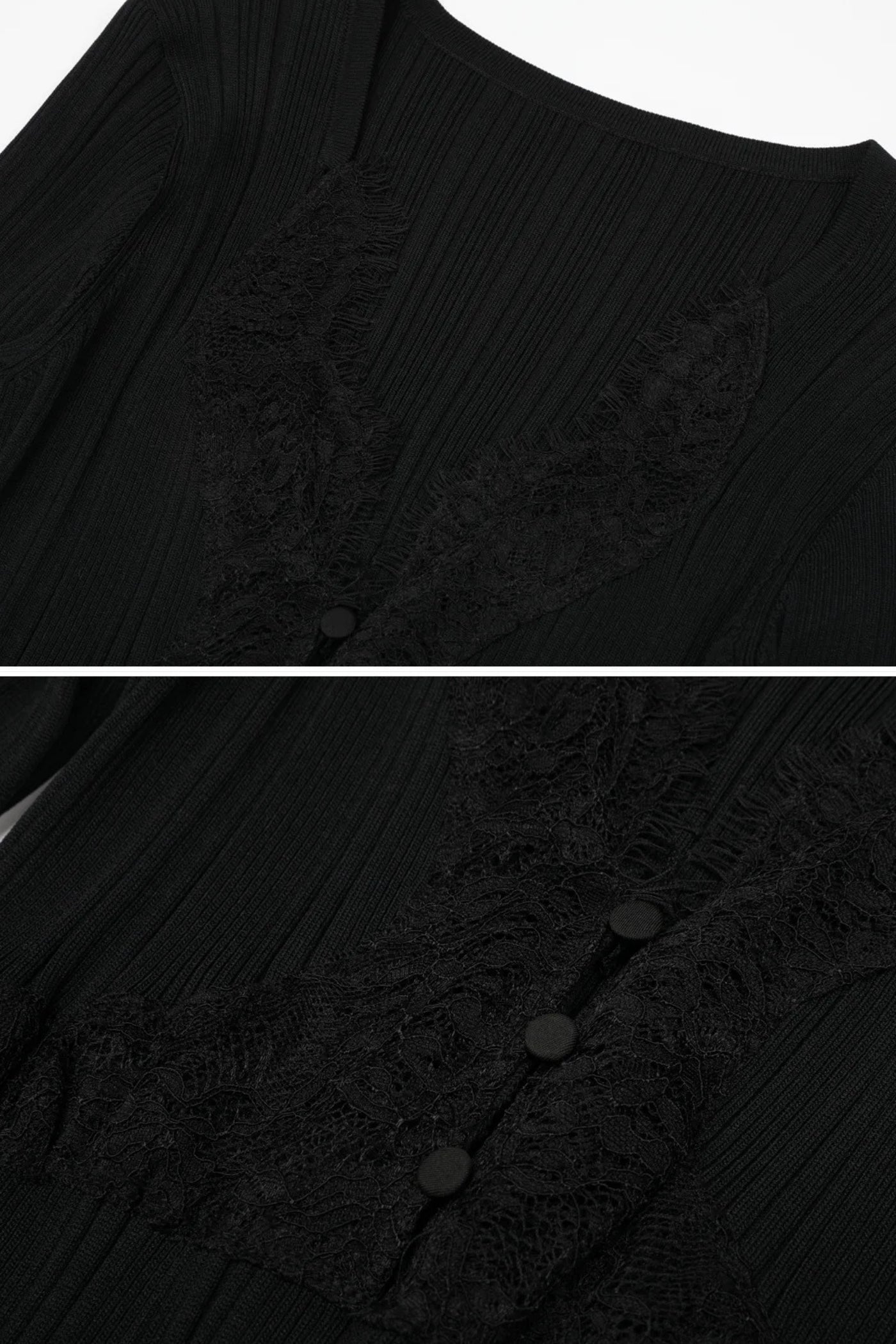 Rochie midi cu mâneci lungi și model reiat, decolteu în V cu dantelă - Negru 