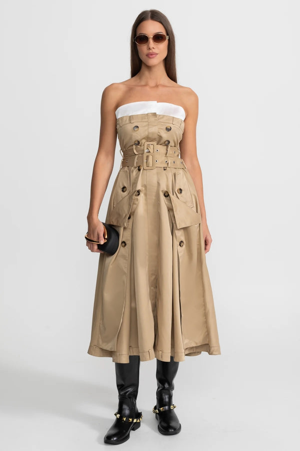 Rochie midi trench fără bretele cu talie cu curea – Bej 
