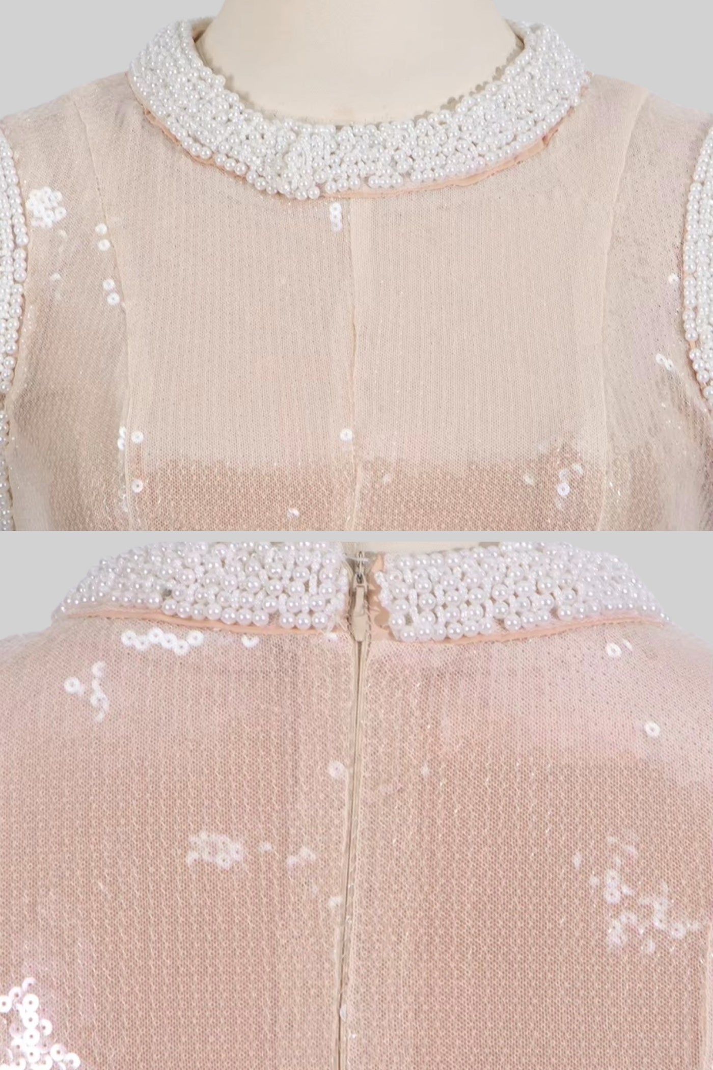 Rochie Elegantă cu Paiete și Accente de Perle Albe - Bej 