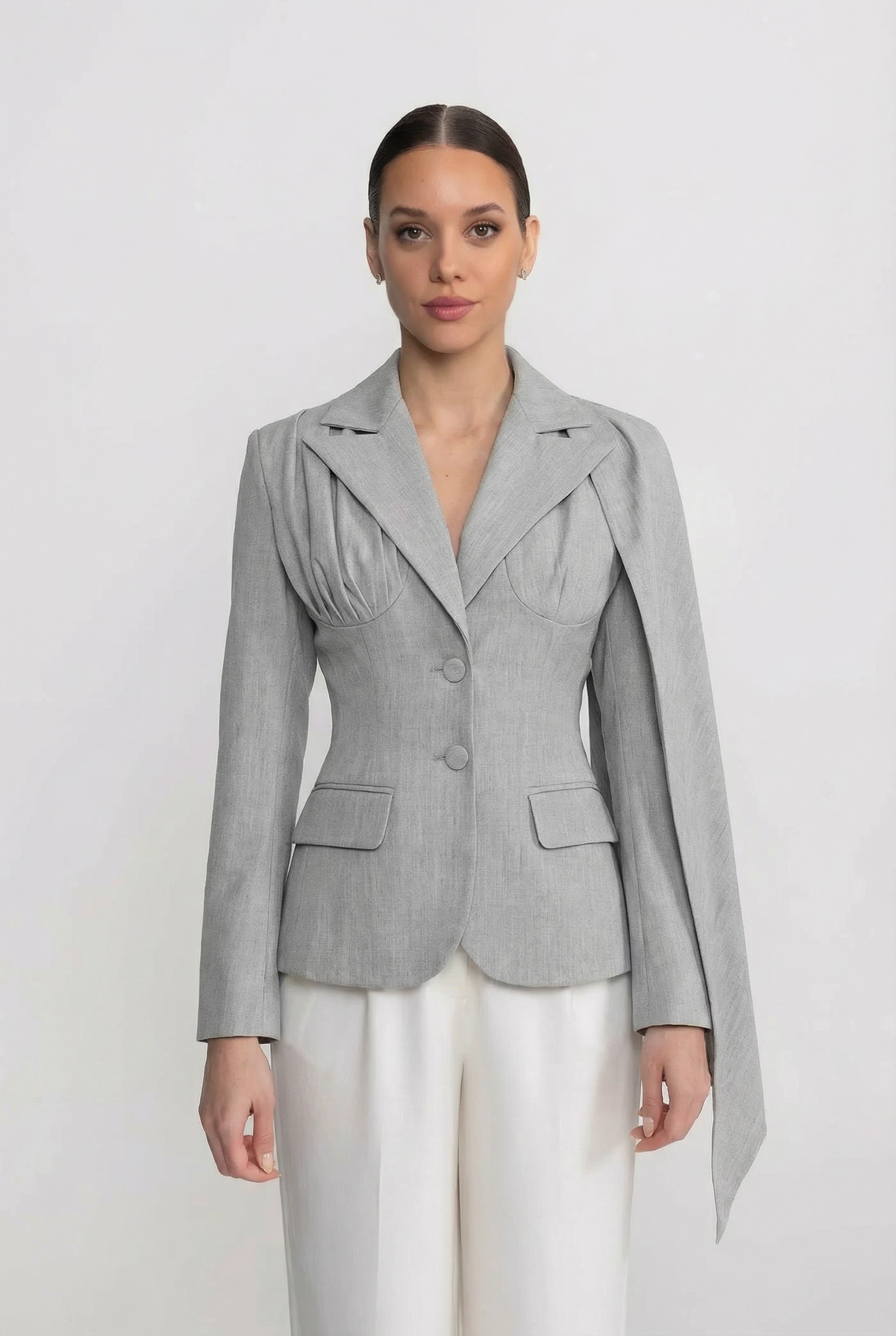 Tailored Long Sleeve Blazer With Draped Cape Panel - Gray