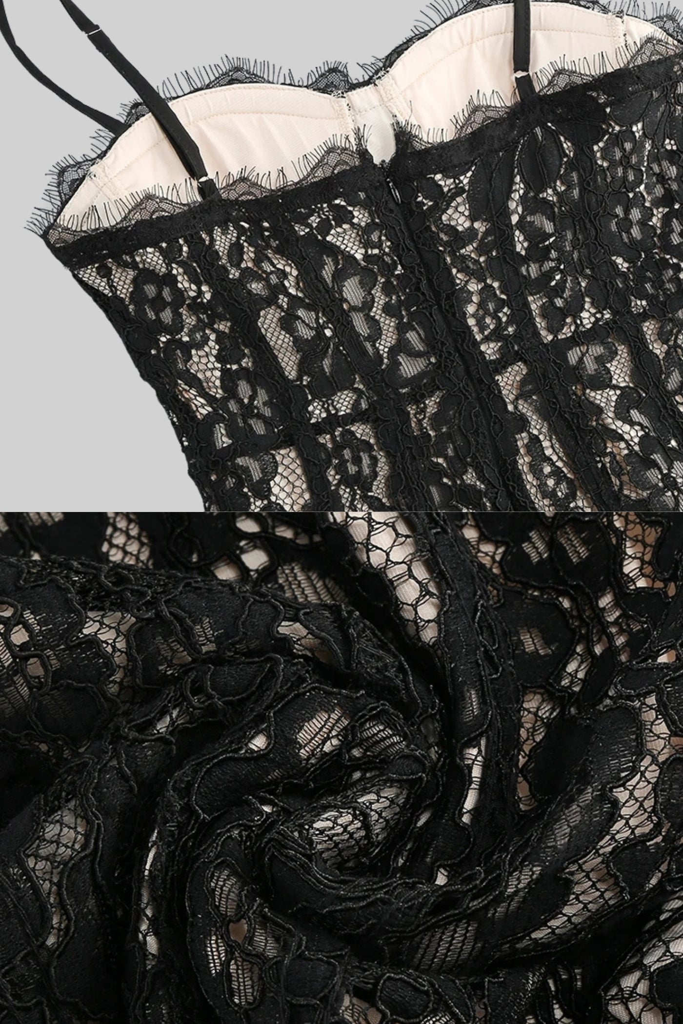 Rochie midi din dantelă cu corset transparent - Negru 