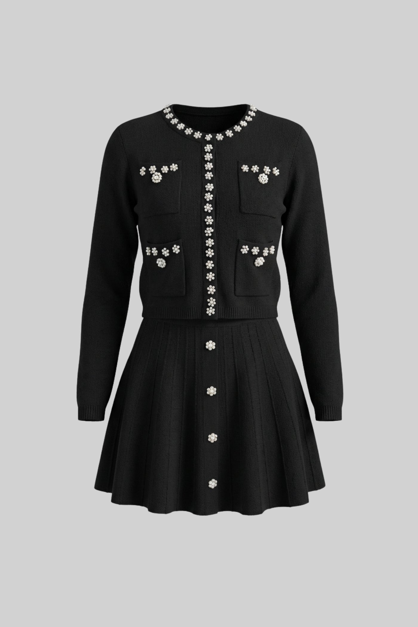 Knit Co-Ord Set With Long Sleeve Cardigan And Matching Mini Skirt - Black