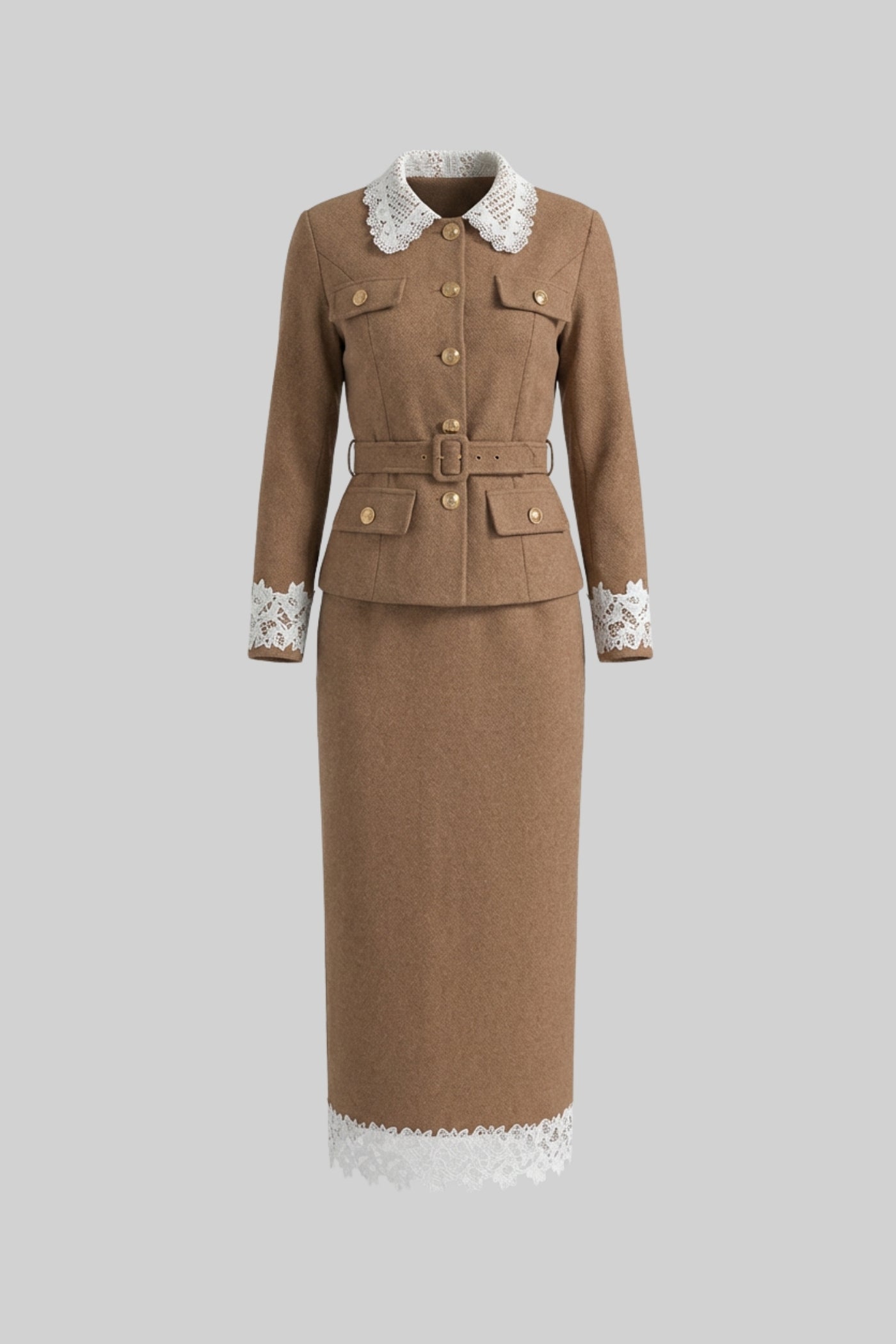 Set Co-Ord Croitorit cu Detalii din Dantelă - Camel 