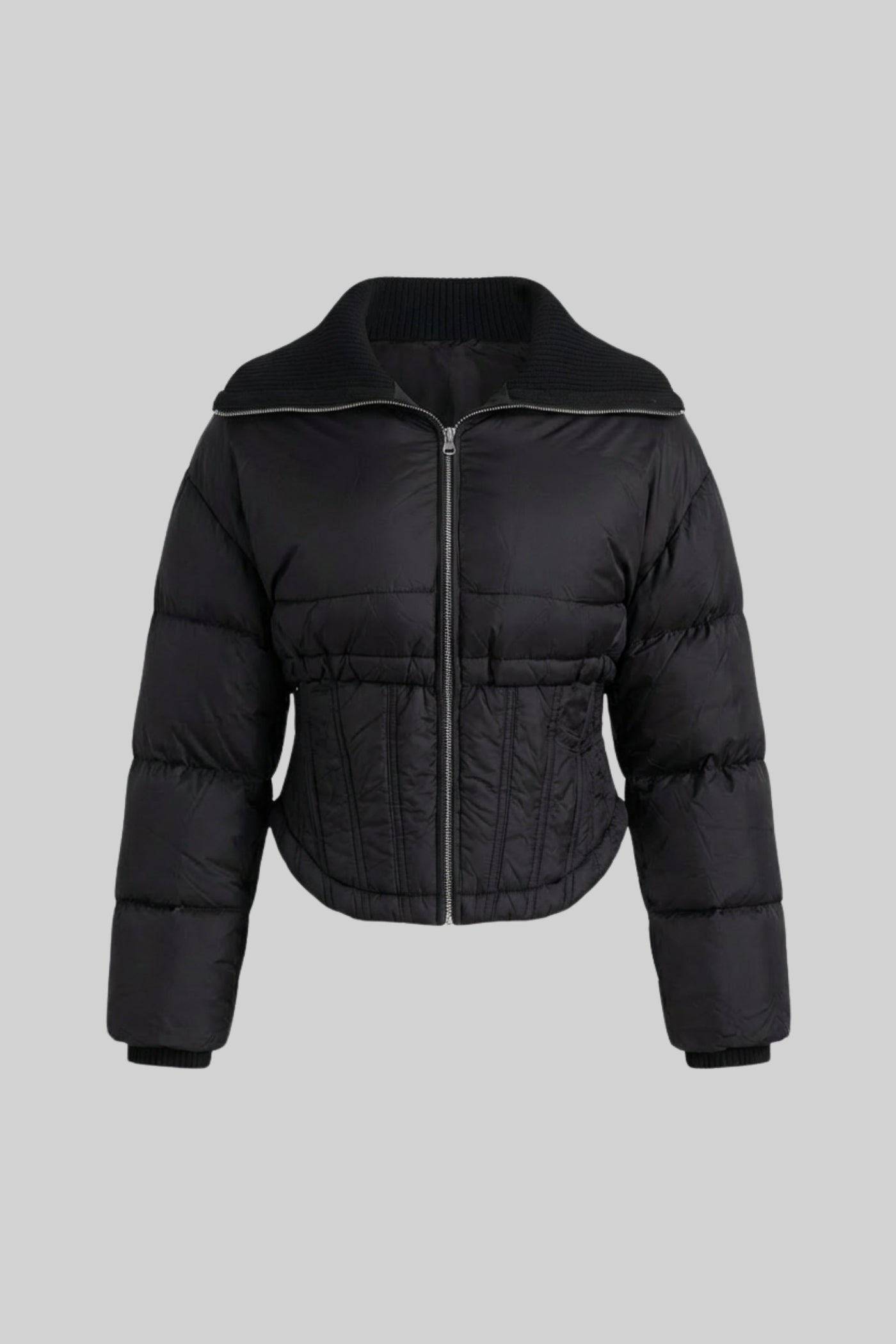 Jachetă scurtă matlasată cu detalii de corset în talie - Negru 