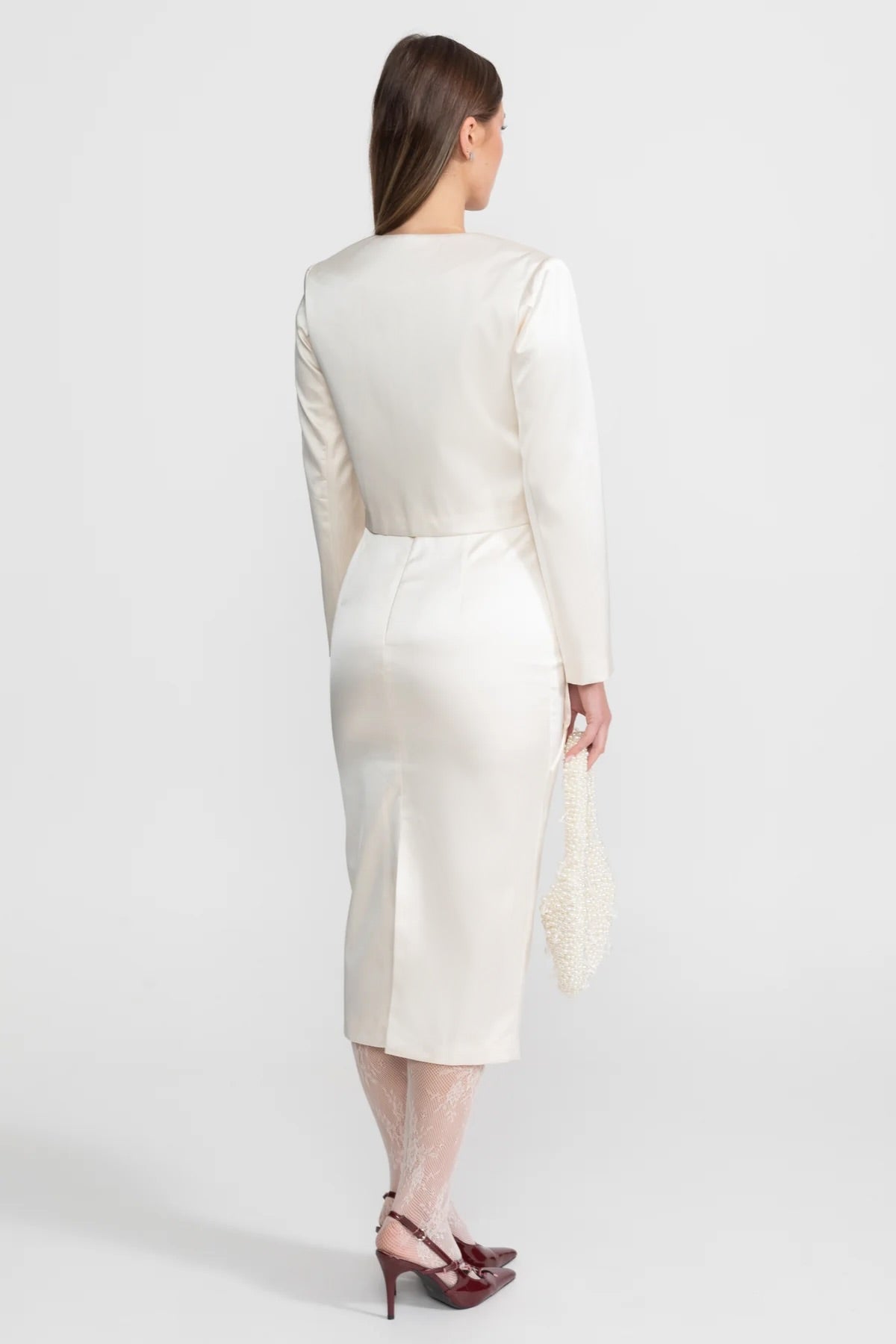 Fustă creion din tafta cu fundă și detalii florale - Ivoire 